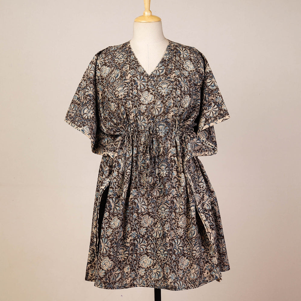 CHUTNEY CRAFT STUDIO Black - Block Print Cotton Kalamkari Kaftan with Tie-Up Waist (Medium)