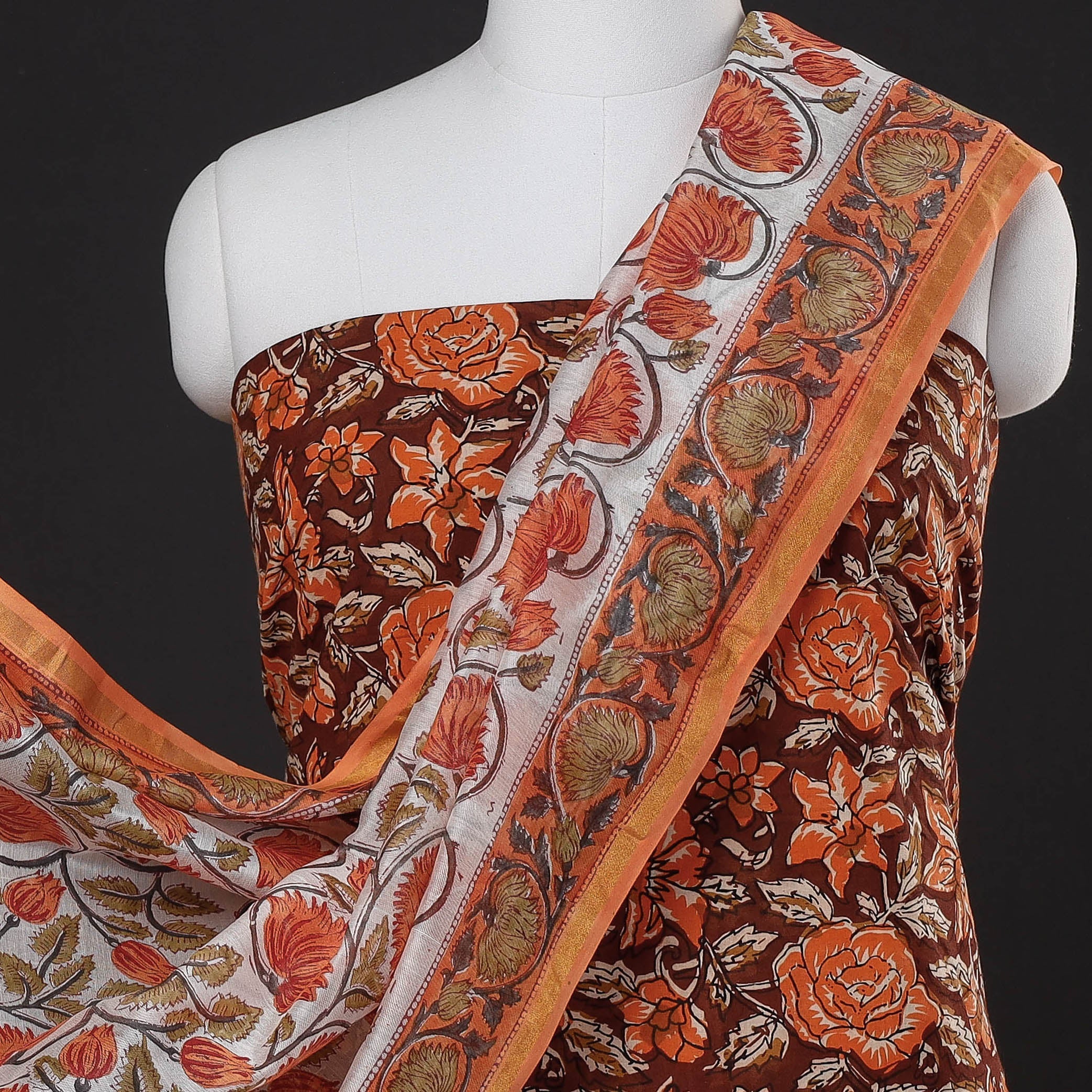ARTISAN HAND BLOCK PRINTS Brown - 3pc Sanganeri Block Printed Chanderi Silk Suit Material Set - view 3