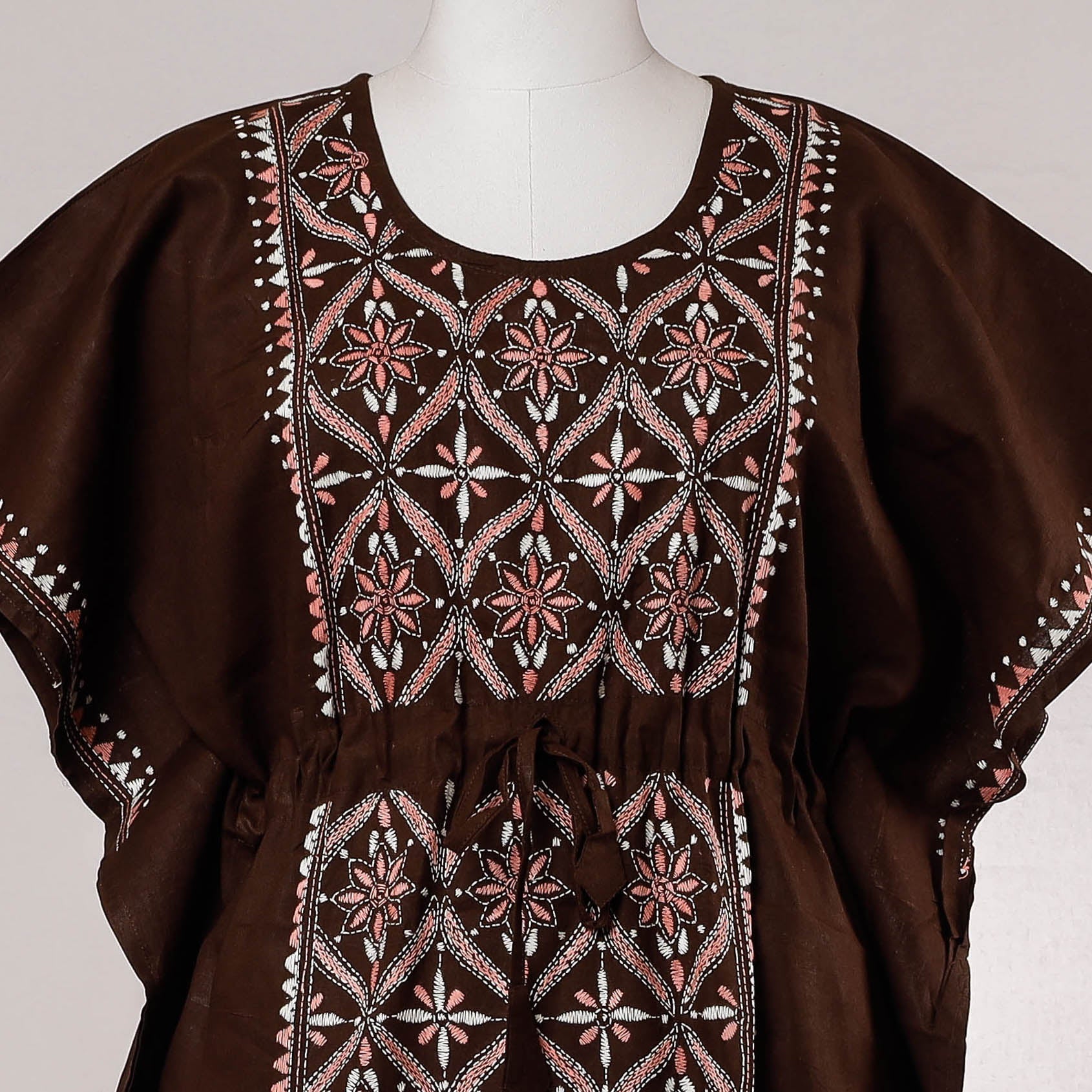 ASALKAAR Brown - Bengal Kantha Embroidery Cotton Kaftan with Tie-Up Waist (Long) - view 2