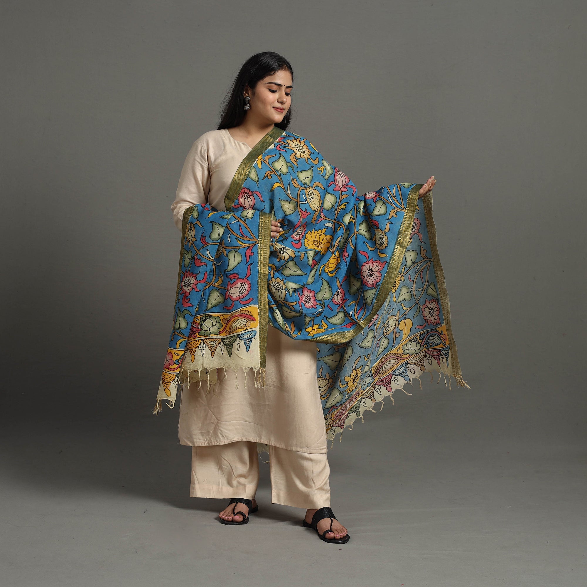 SOUTH KARGHA Blue - Chanderi Silk Srikalahasti Handpainted Pen Kalamkari Dupatta 24 - view 2