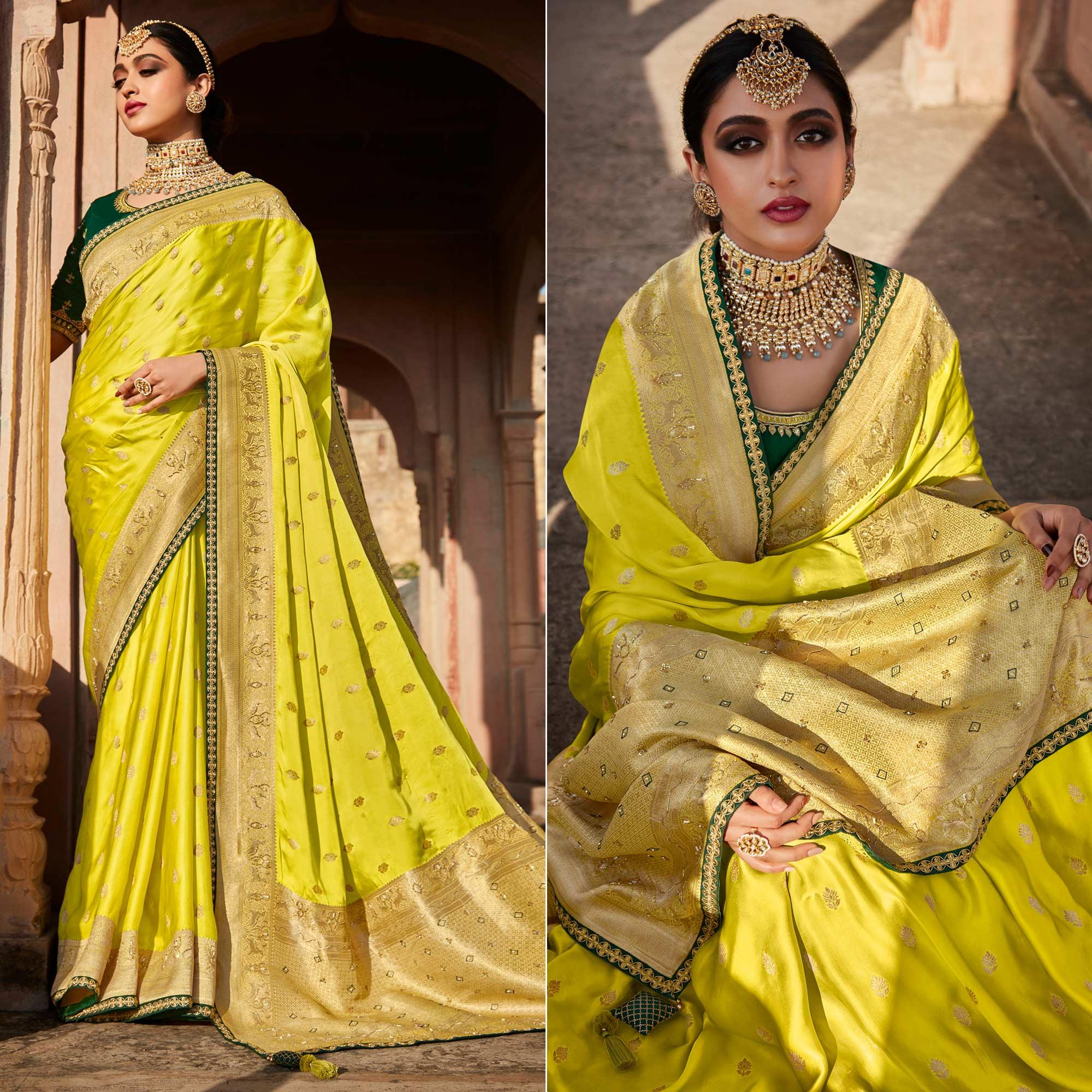 Peachmode Lemon Green Festive Wear Woven Silk Saree