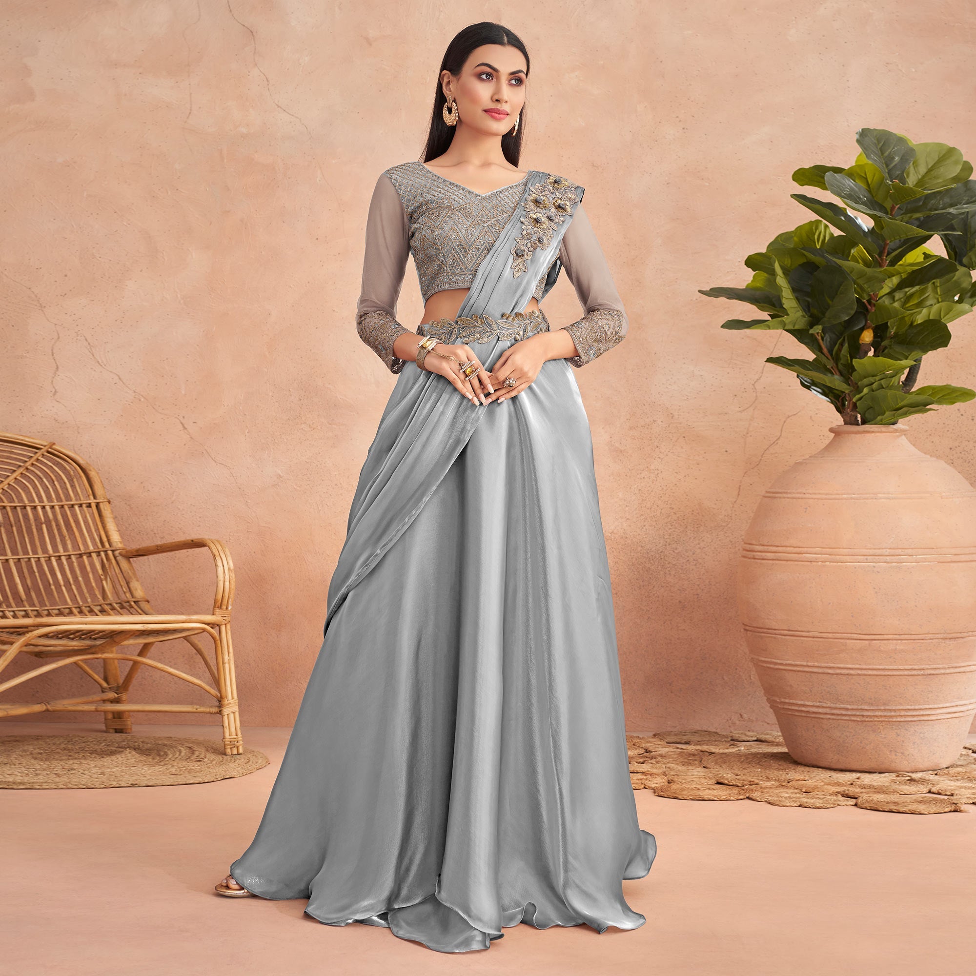 Peachmode Seller Grey Sequins Embroidered Ready to Wear Art Silk Saree - view 2