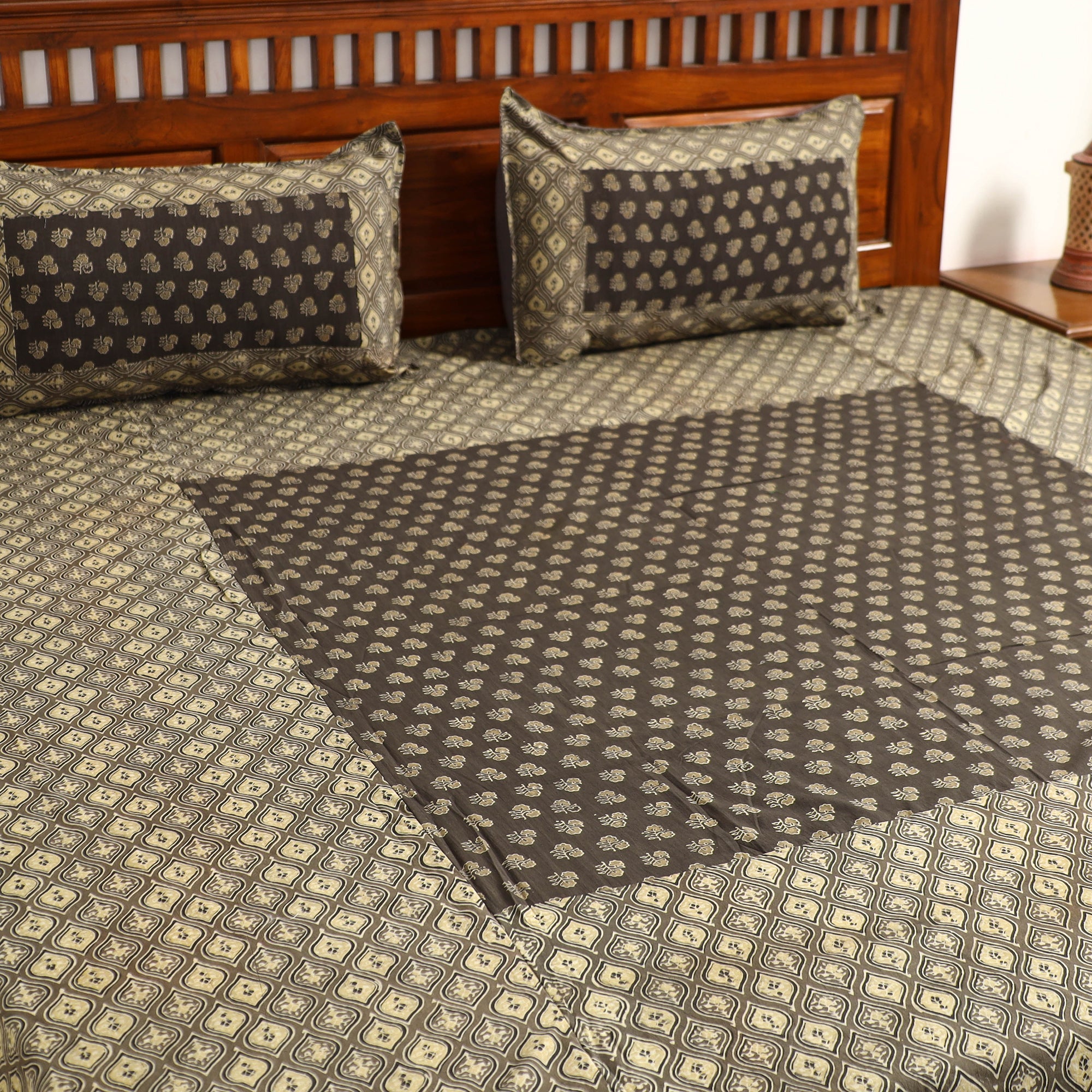 NOORI BAZAR Brown - Ajrakh Block Printed Patchwork Cotton Double Bed Cover with Pillow Covers (108 x 90 In) - view 3