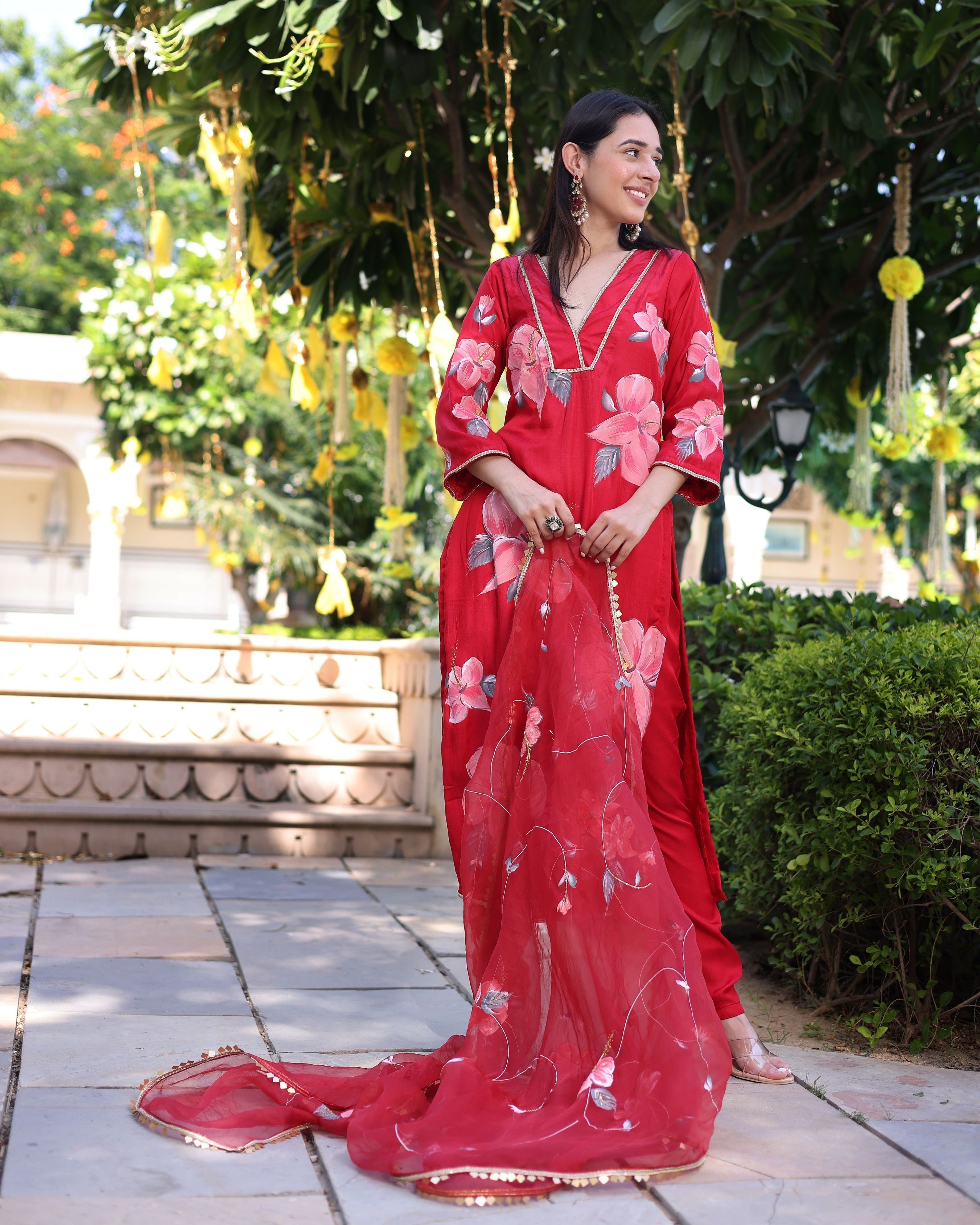 Aachho Raspberry Blush Red Handpainted Satin Suit Set - view 5