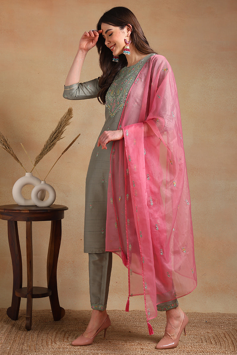 Ahika Grey Silk Blend Floral Embroidered Straight Trouser Suit Set PKSKD2339 - view 2