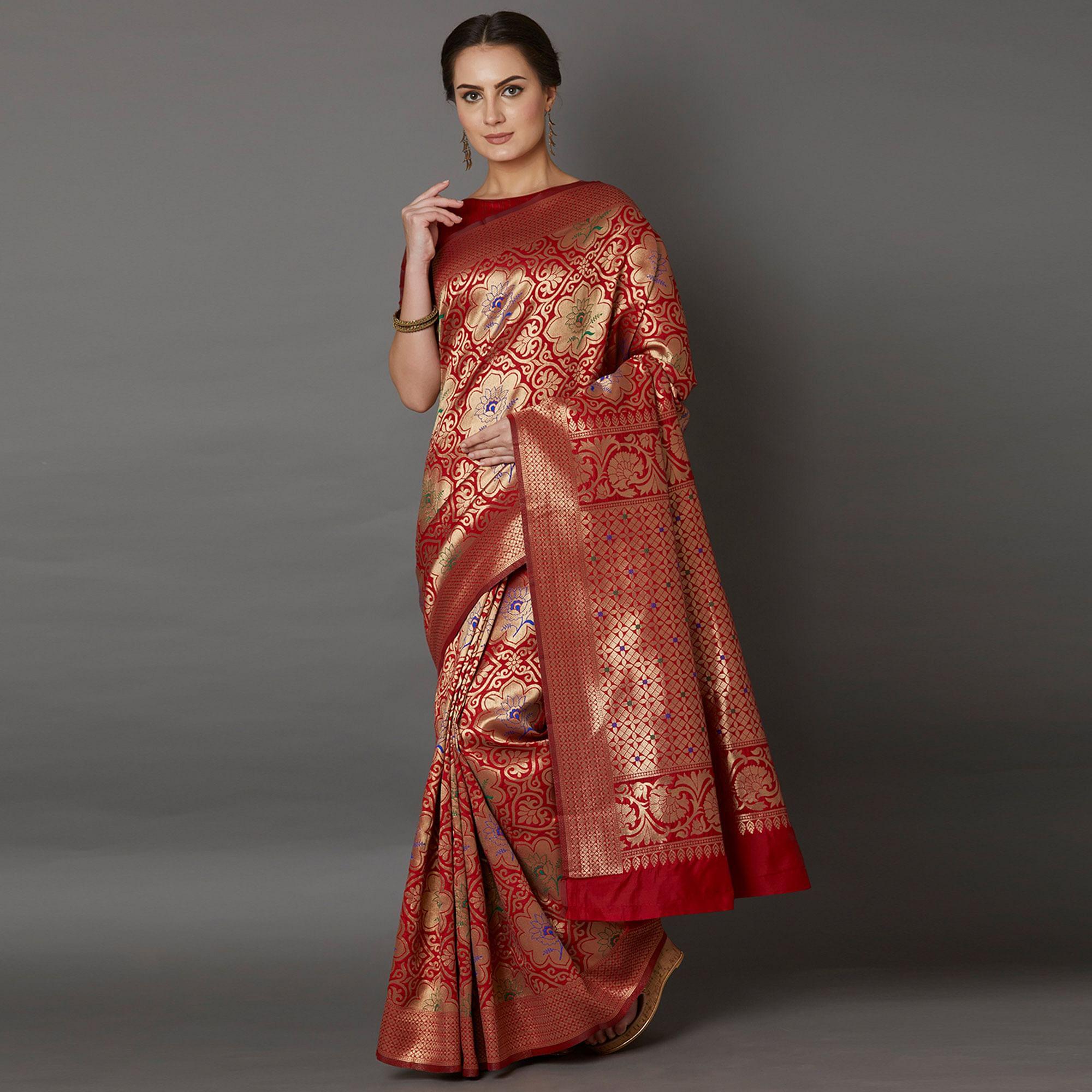 Peachmode Dazzling Red Colored Festive Wear Woven Silk Saree