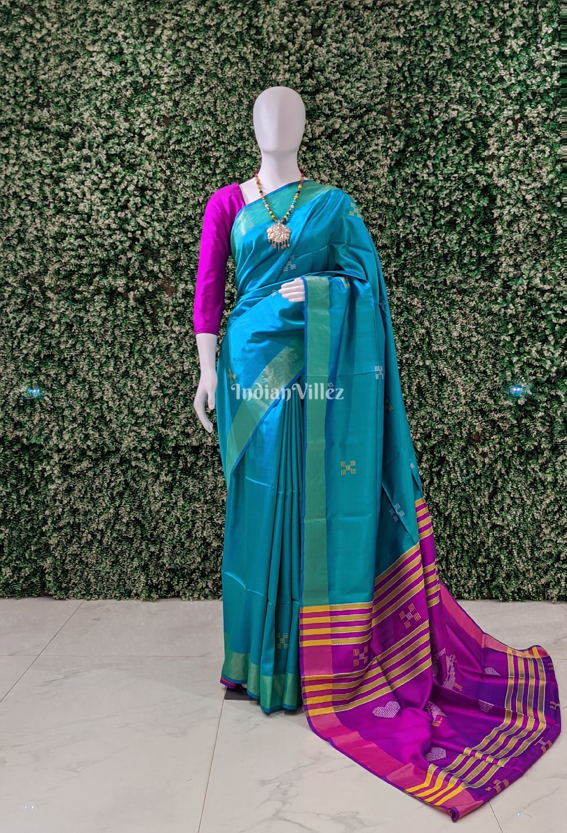 IndianVillèz Teal Green with Purple Handwoven Soft Silk Saree