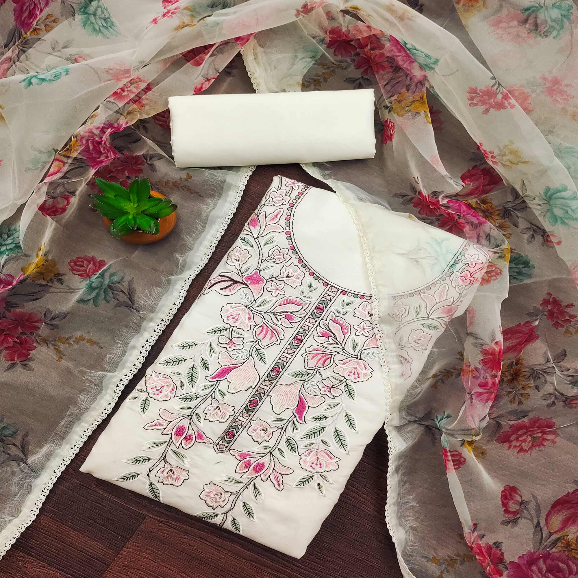 Peachmode Cream Floral Sequins Embroidered Cotton Silk Dress Material