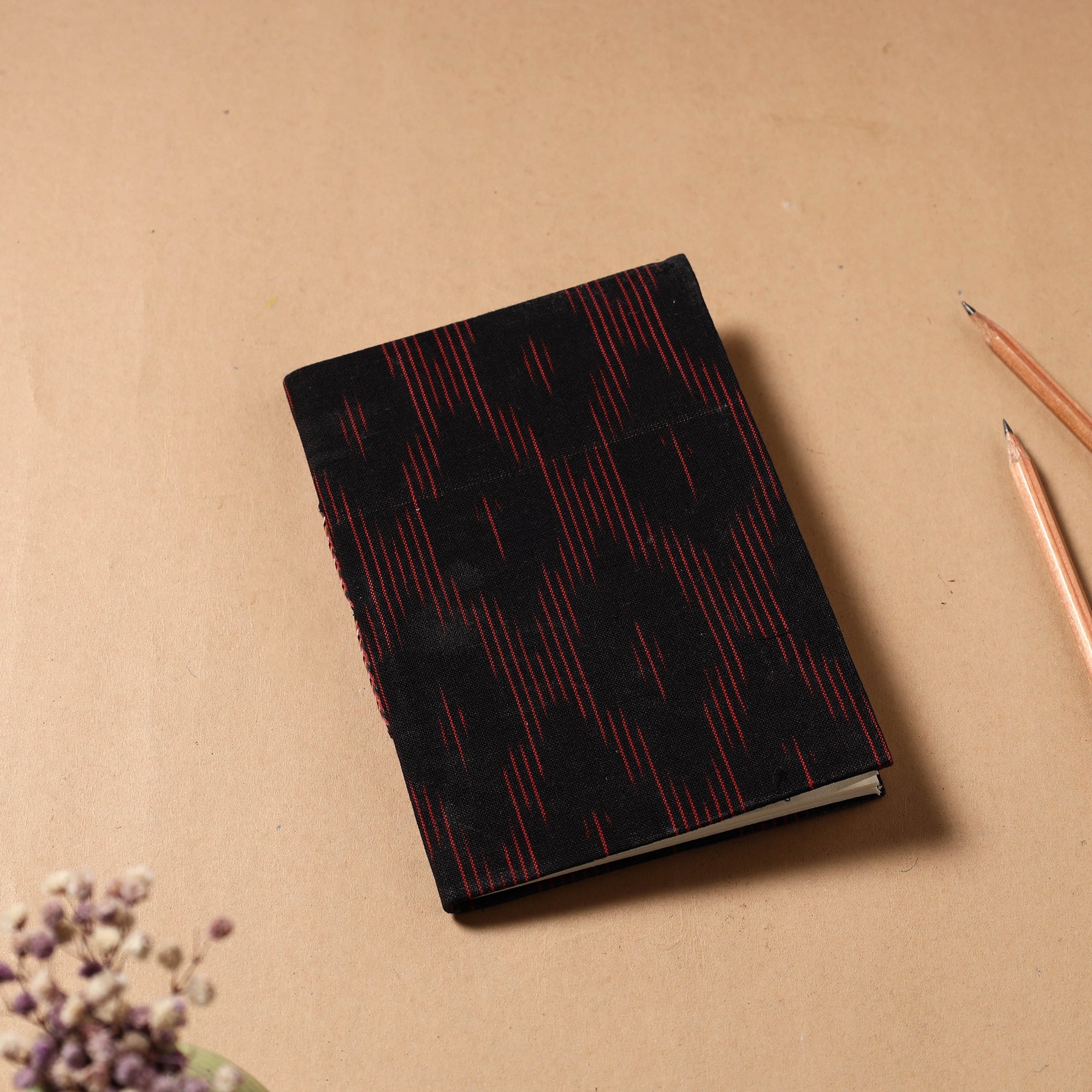 CHUTNEY CRAFT STUDIO Black - Ikat Fabric Cover Handmade Paper Notebook (7 x 5 in)
