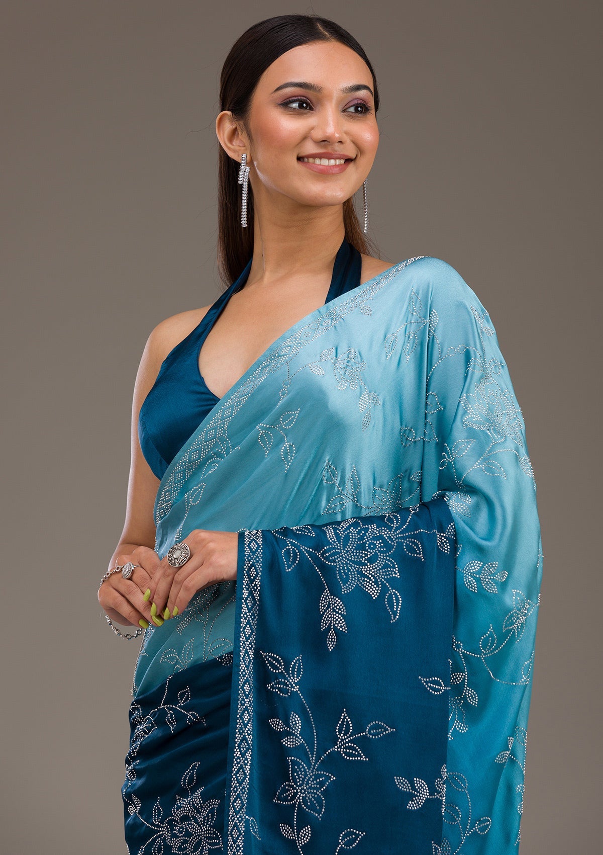 Koskii Turquoise Blue Stonework Satin Saree – Women's - view 7