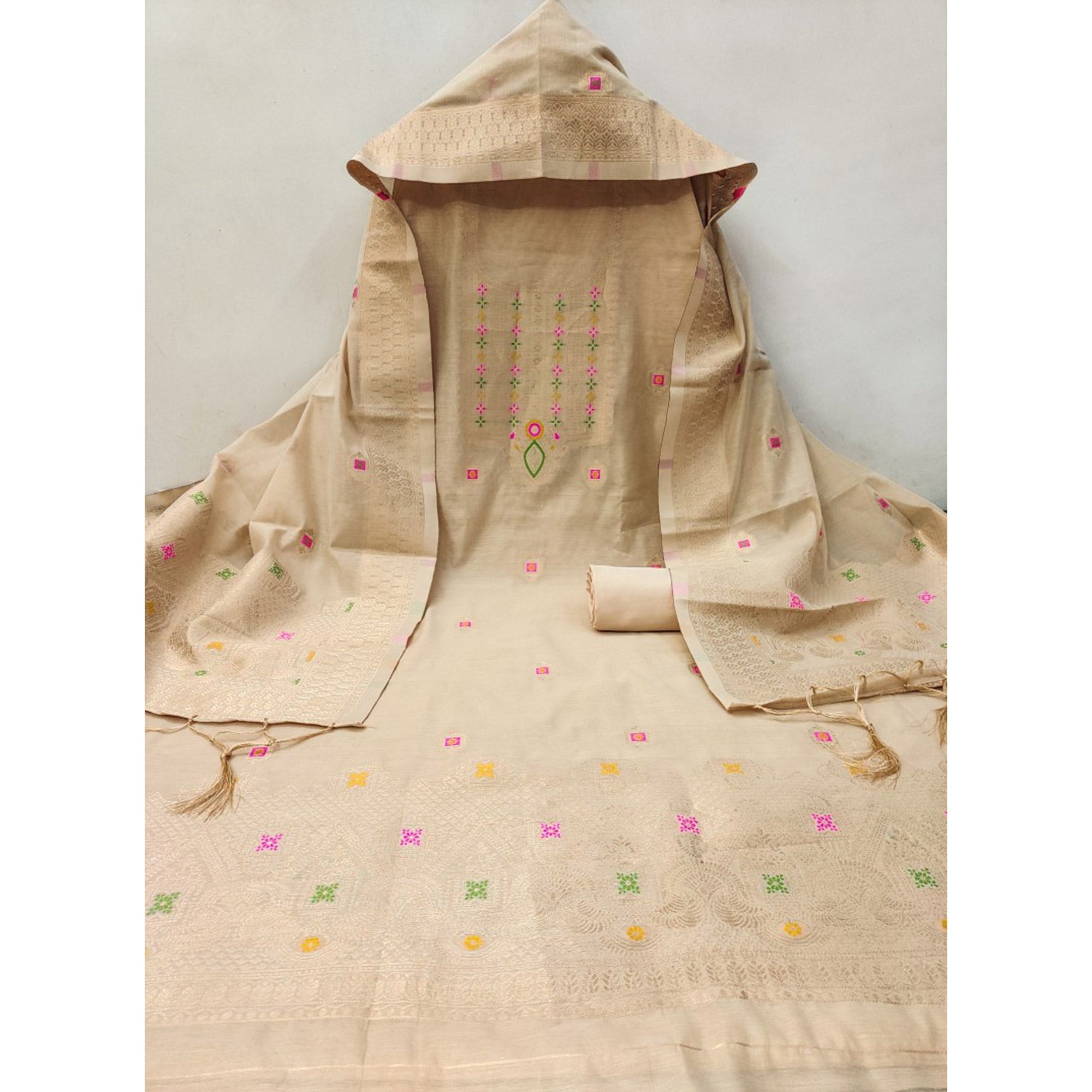 Peachmode Chikoo Floral Woven Chanderi Dress Material - view 4