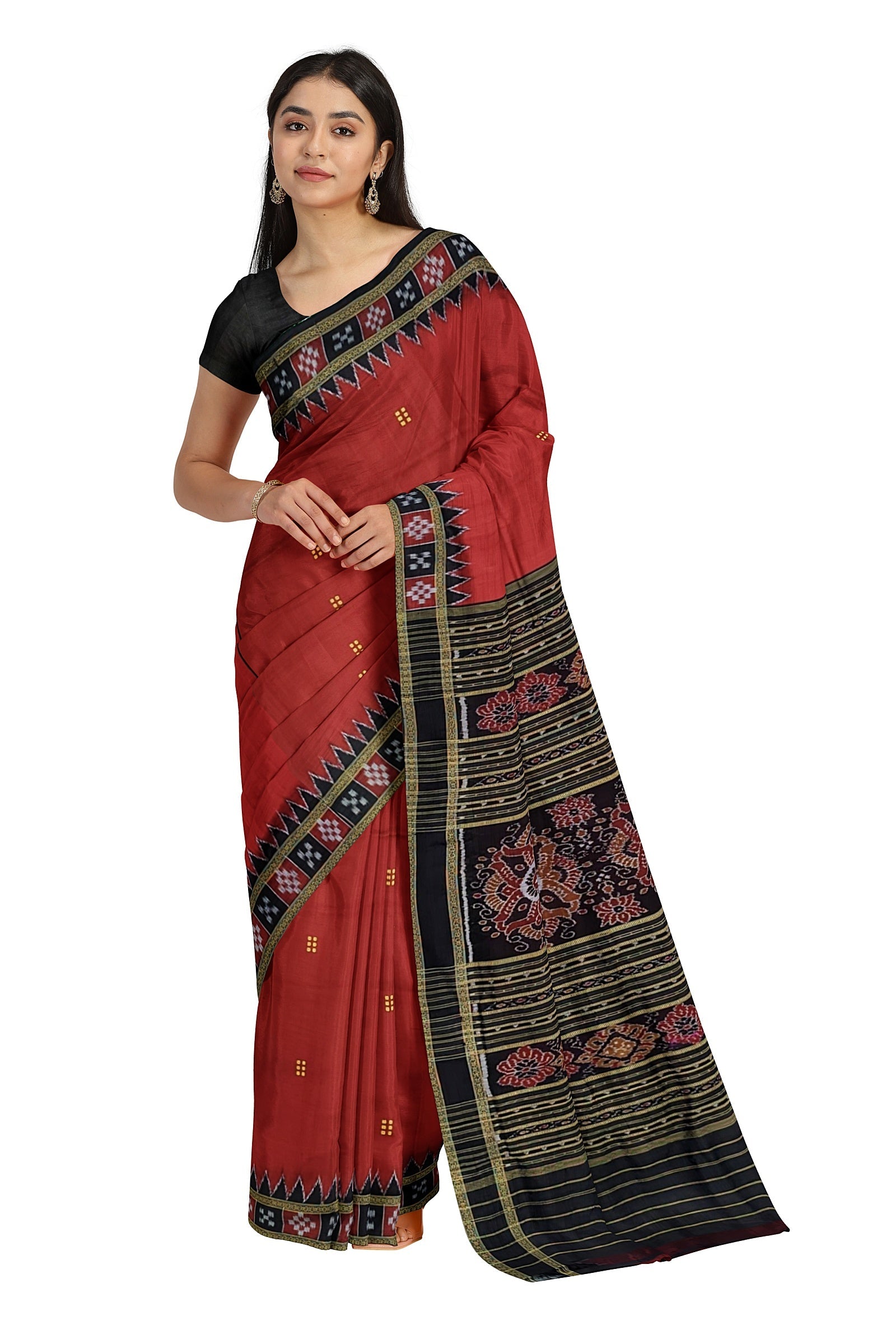 IndianVillèz Red Single Border Pasapali Khandua Pata Silk Saree