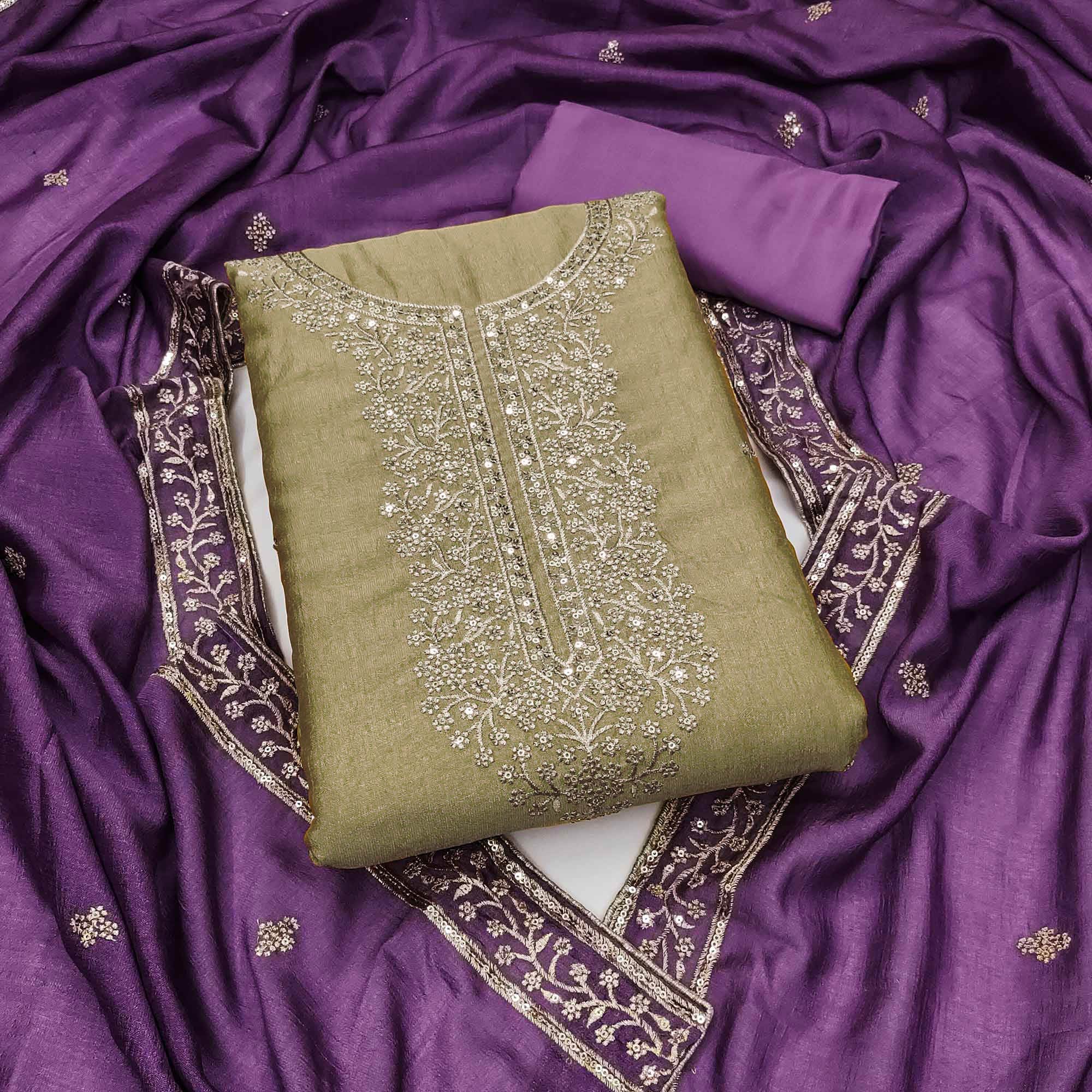 Peachmode Beige Floral Sequins Embroidered Vichitra Silk Dress Material
