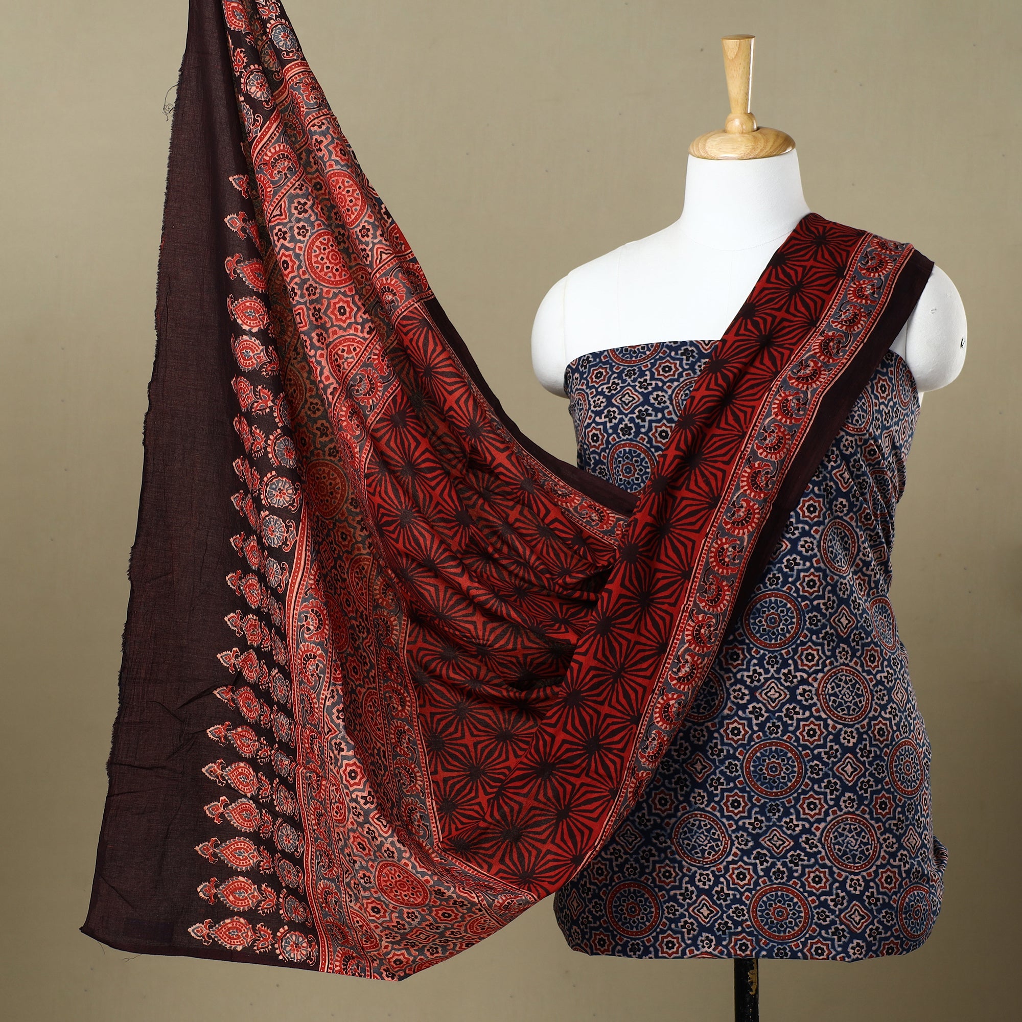 AJRAKH BY SUFIYAN ISMAIL KHATRI Blue - Ajrakh Block Printed Cotton 3pc Suit Material Set