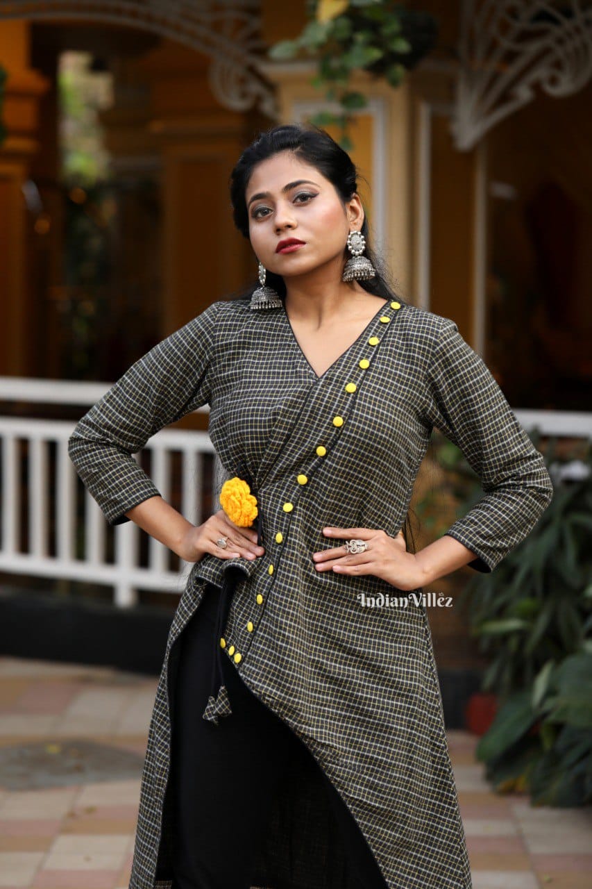 IndianVillèz Black Checkered Kotpad Organic Cotton Kurti for Women - view 2