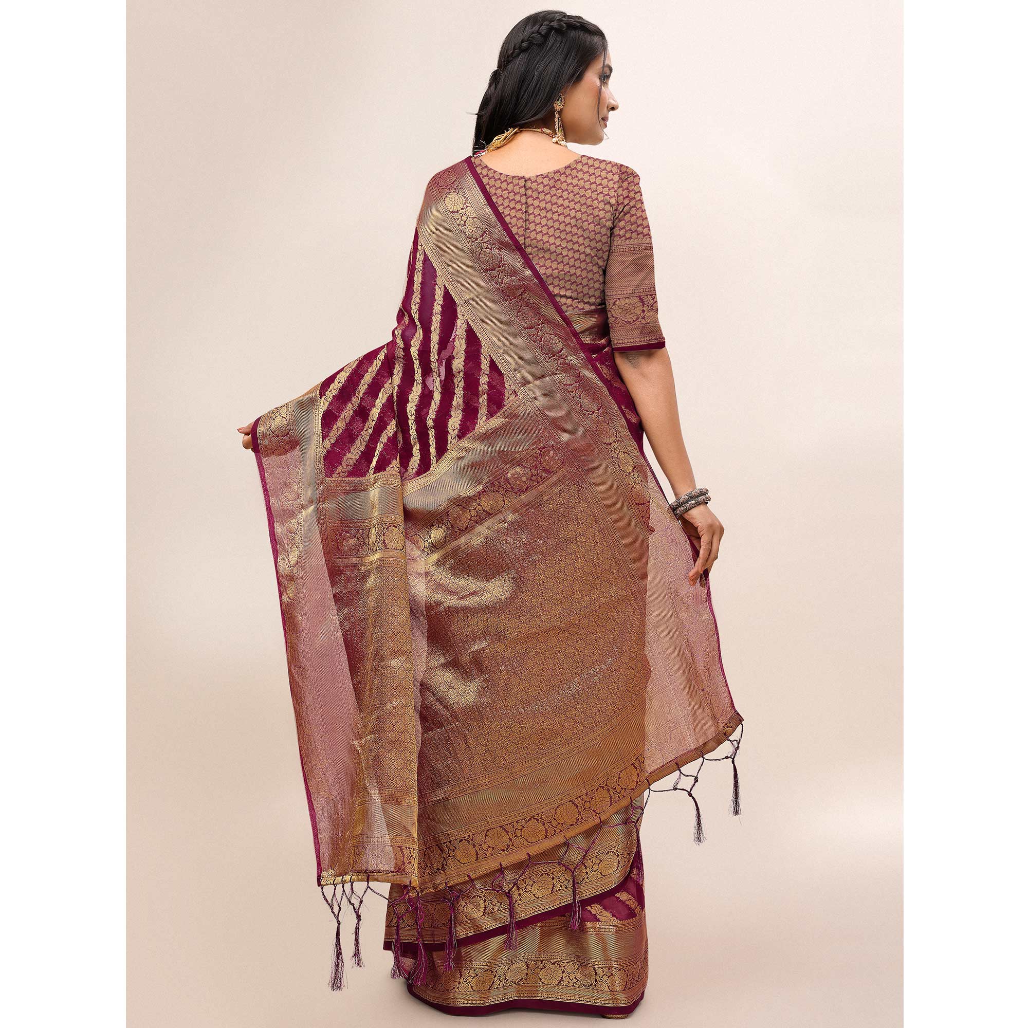 Peachmode Maroon Woven Organza Saree With Tassels - view 5