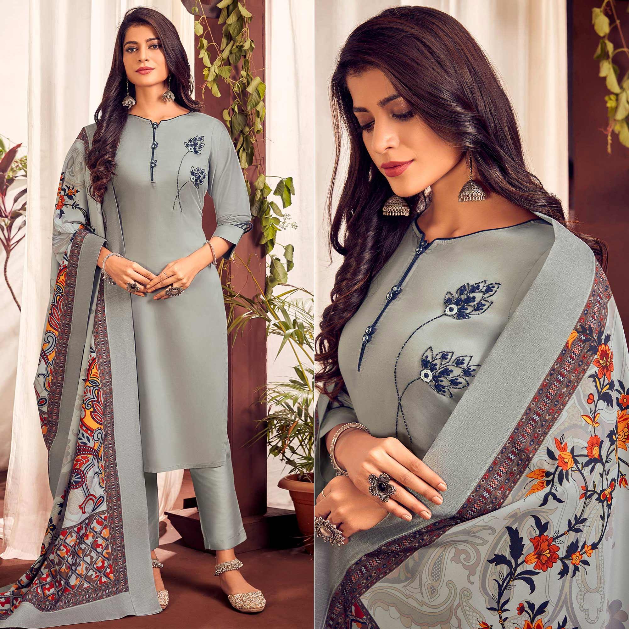 Grey dupattas – BlackTree grey-party-wear-embroidered-cotton-kurti-pant-set-with-dupatta-138542