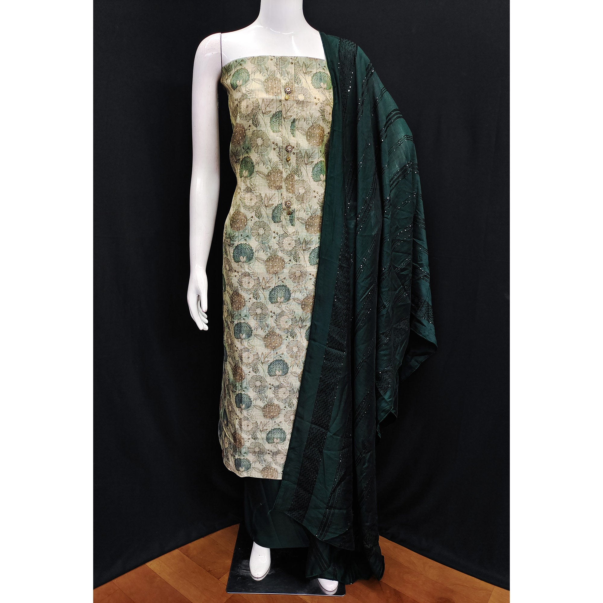 Peachmode Cream Floral Printed Cotton Silk Dress Material - view 3