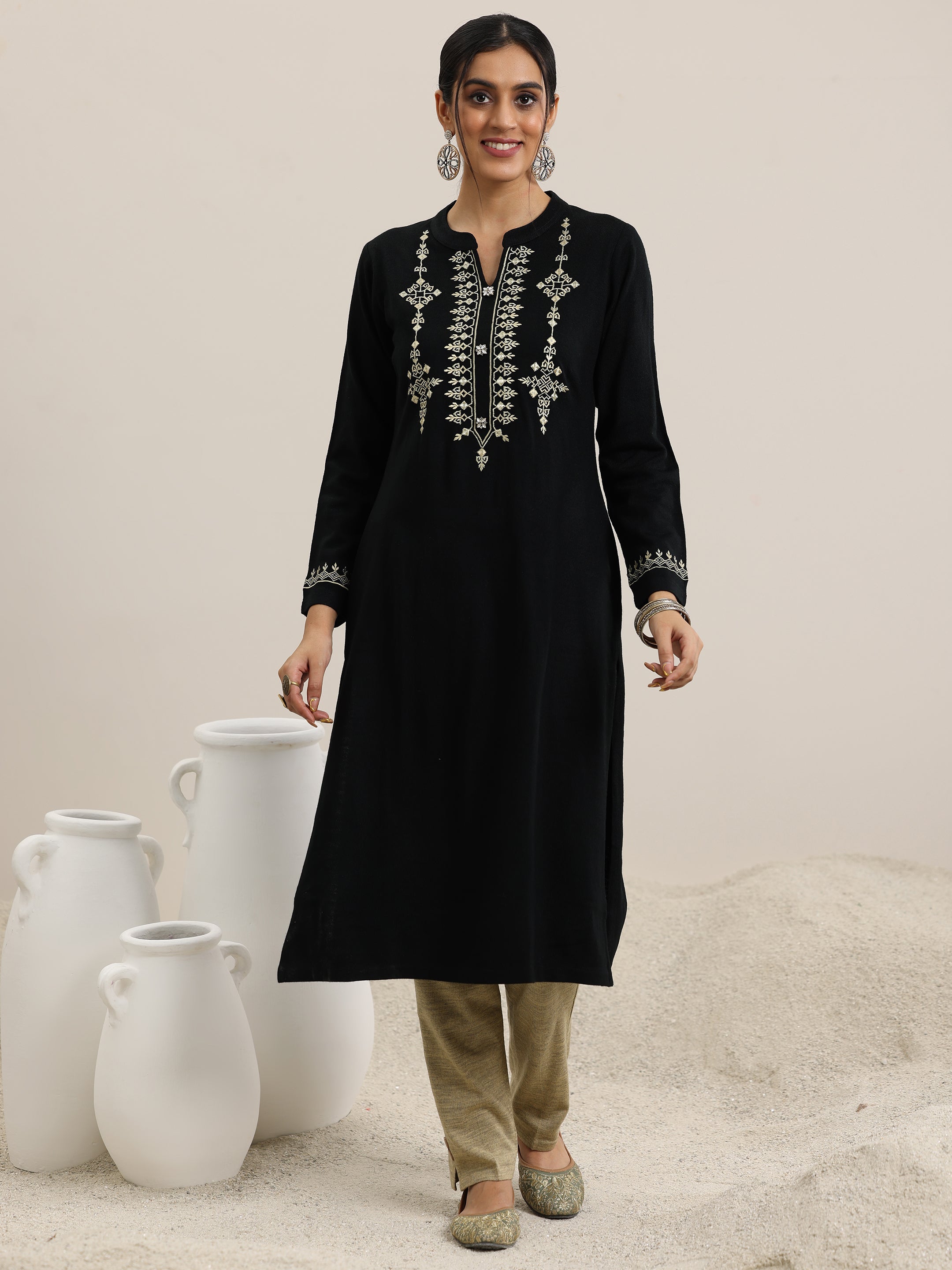 Libas Black Yoke Design Wool Blend Straight Suit With Dupatta - view 5