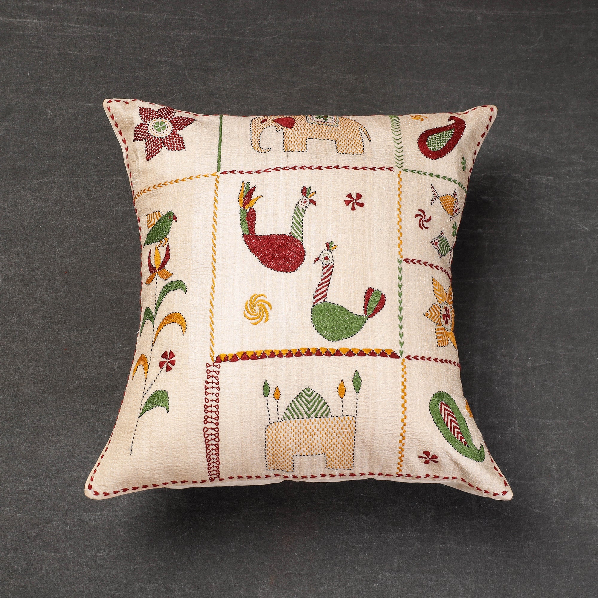 SASHA Beige - Bengal Kantha Embroidery Mulberry Tussar Silk Cushion Cover (16 x 16 in)