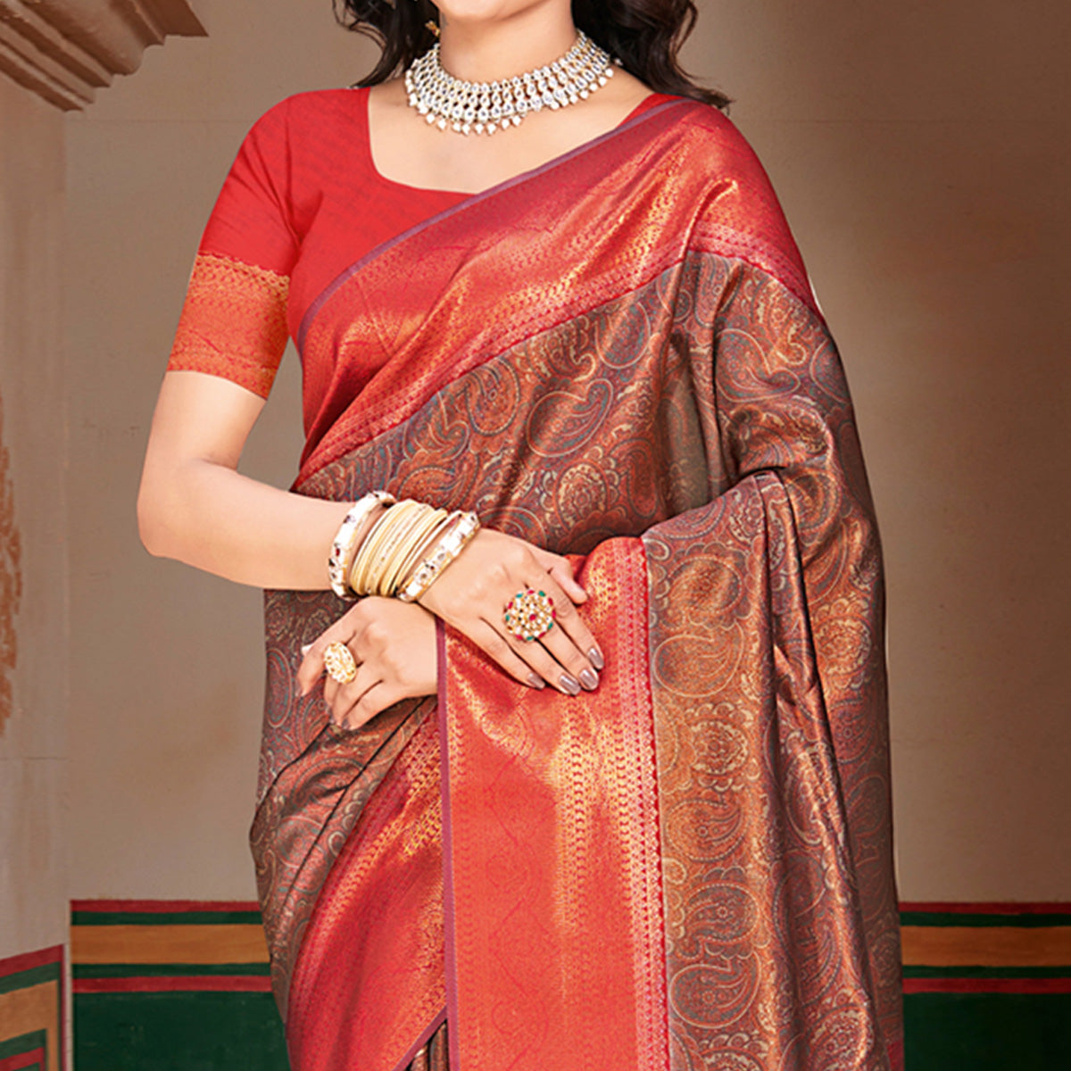 Peachmode Brown & Red Woven Vichitra Silk Saree With Tassels - view 2