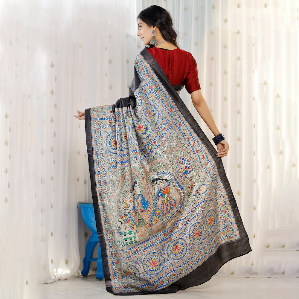DIORAMA DESIGNS Black - Madhubani Hand-Painted Radha Krishna Tussar Silk Saree - view 5