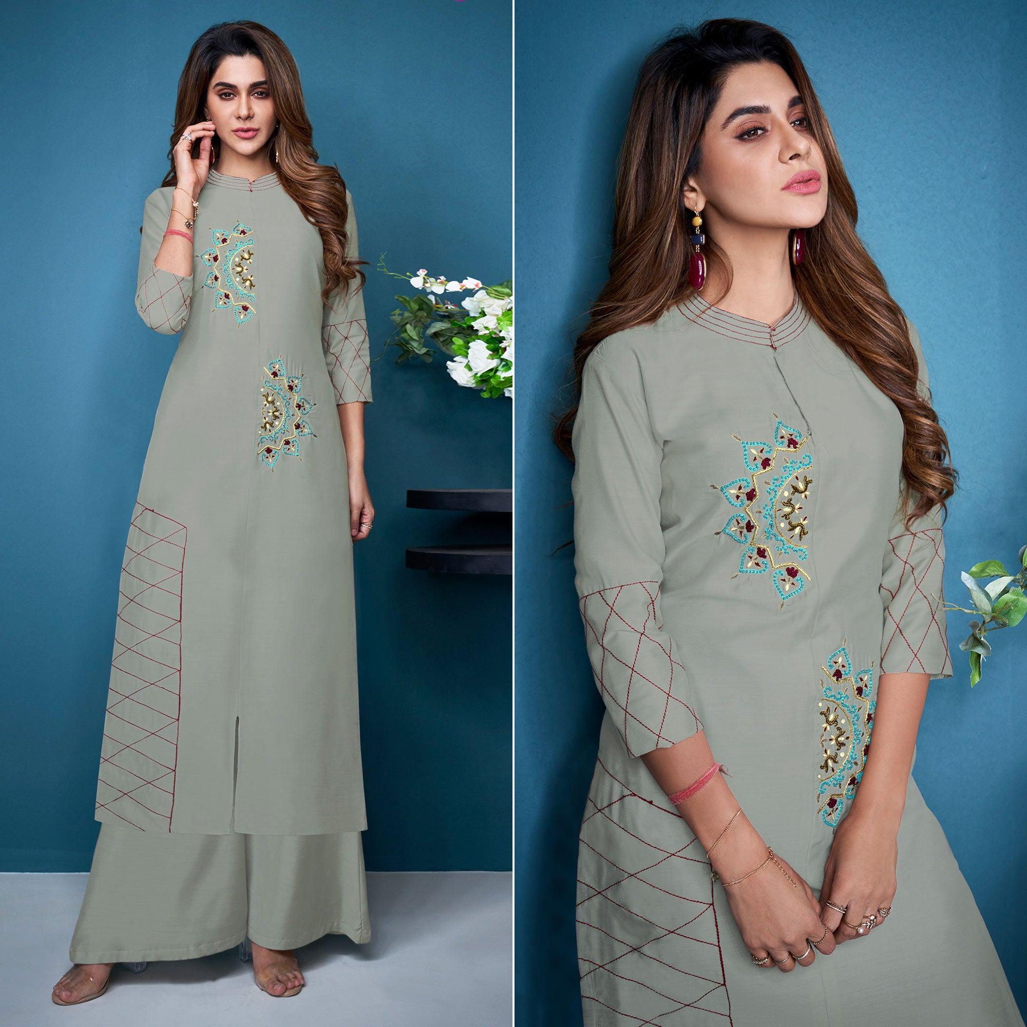 Peachmode Seller Grey Partywear Embroidered Handwork Silk Kurti Palazzo Set