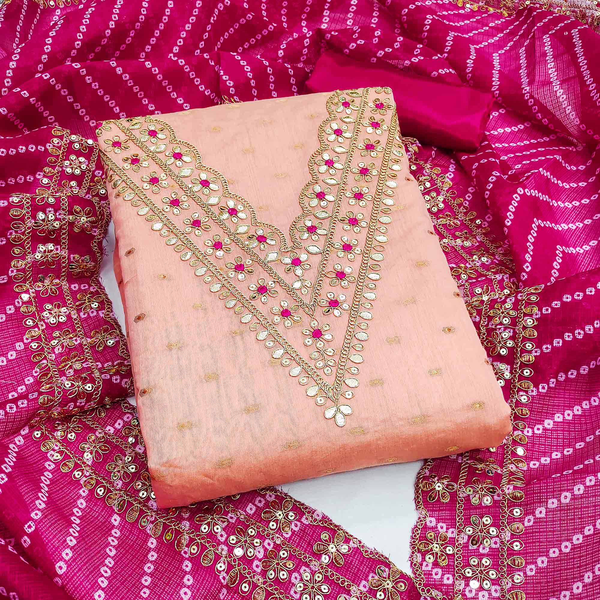 Peachmode Peach Woven With Sequins Embroidered Modal Chanderi Silk Dress Material