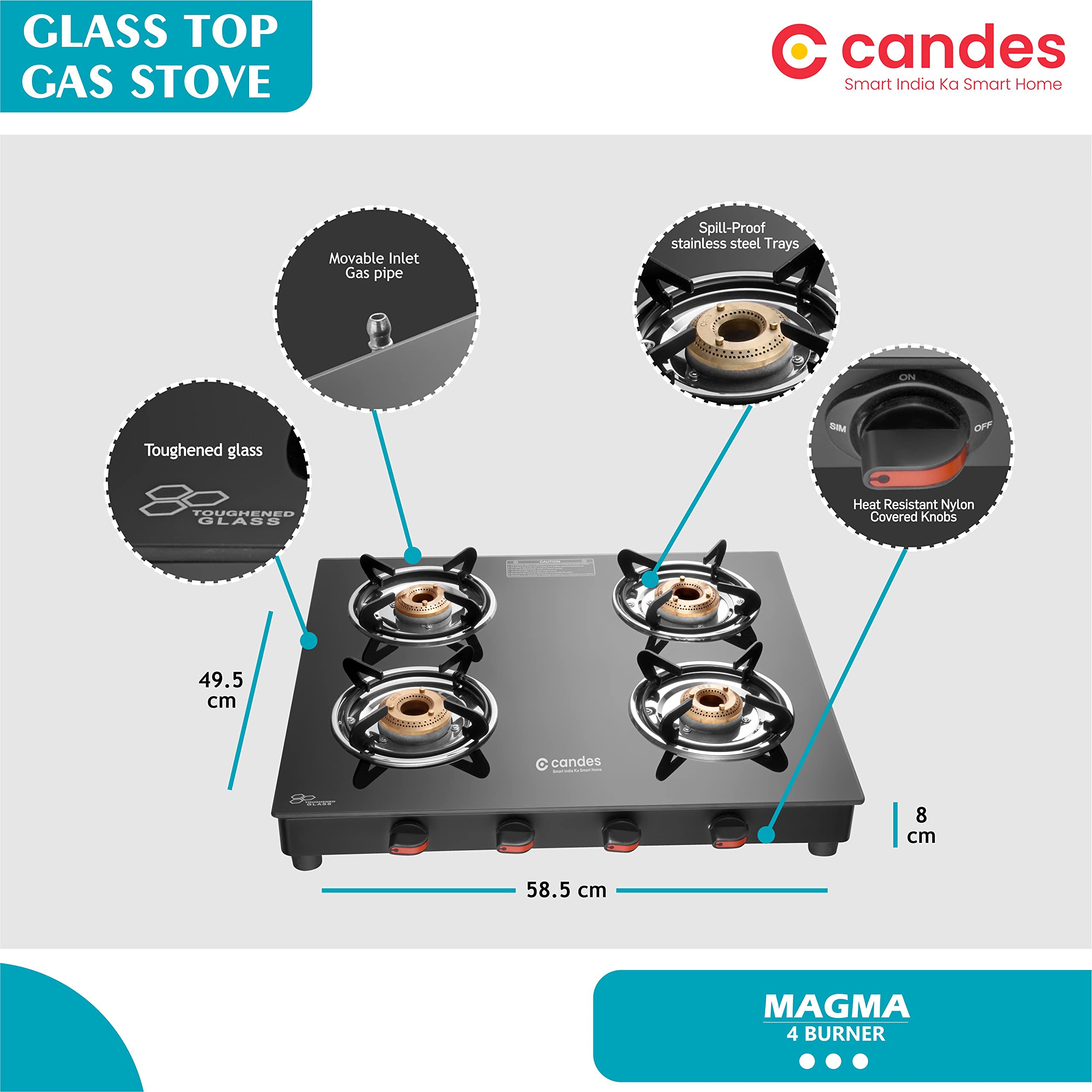 Candes Magma Glass Top Gas Stove, Manual Ignition, Black (ISI Certified, With 18 Months Warranty (4 Burner) - view 4