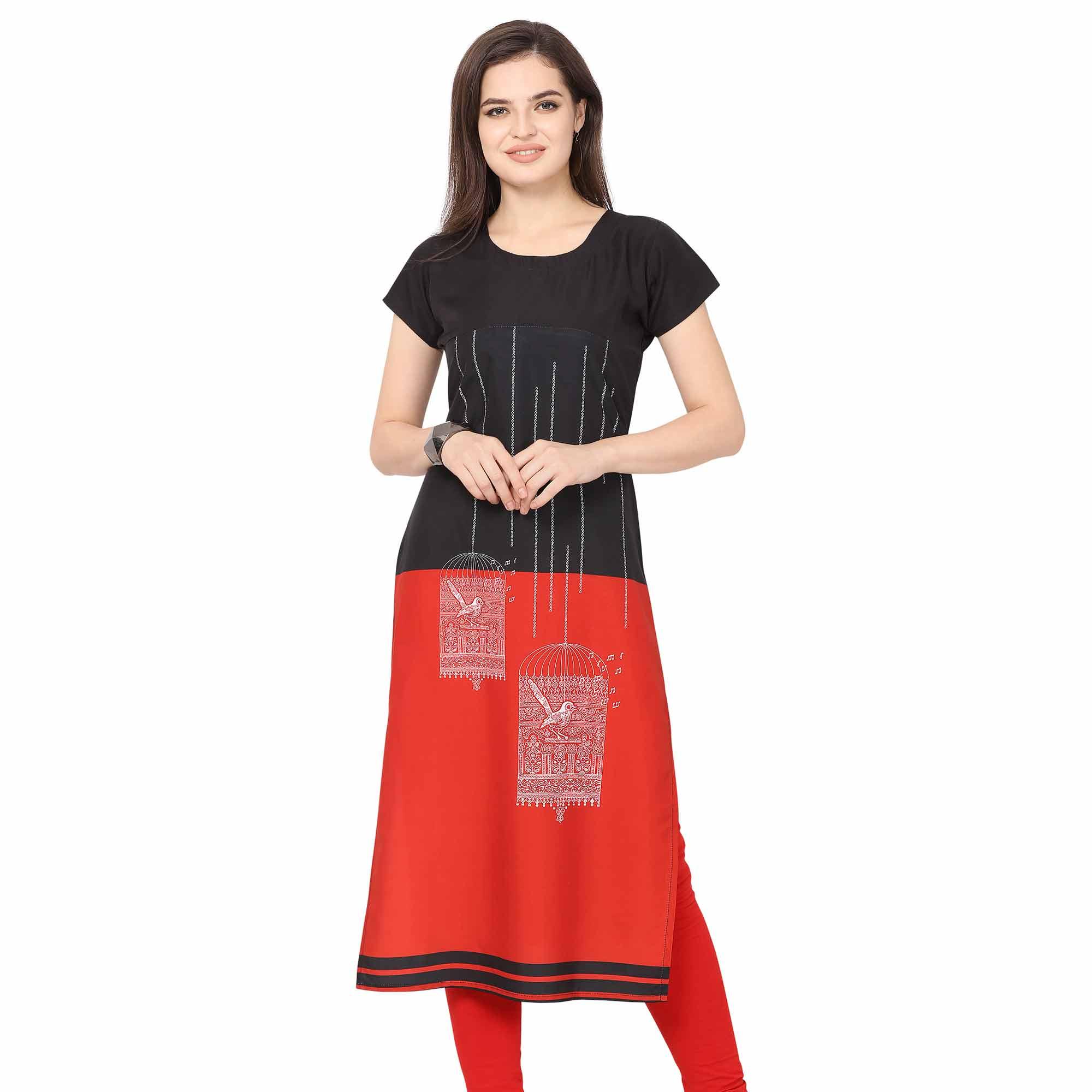 Peachmode Seller Energetic Black-Red Colored Casual Printed Crepe Kurti