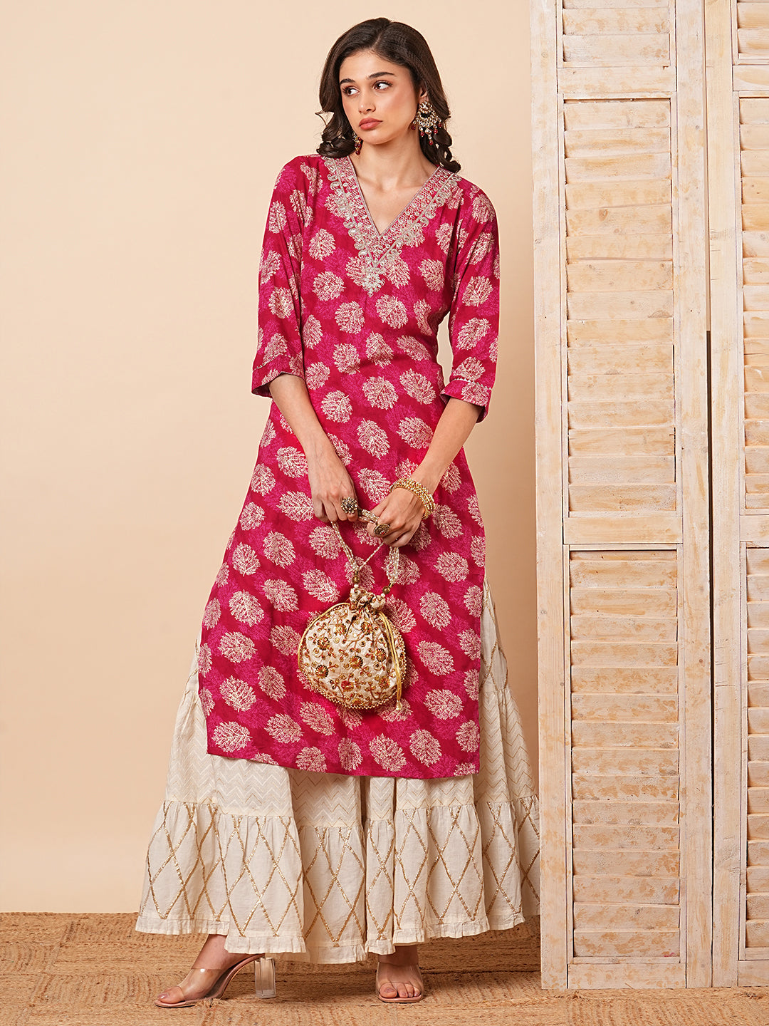 Fashor Ethnic Zari Embroidered & Abstract Foil Printed Straight Fit Kurta - Red