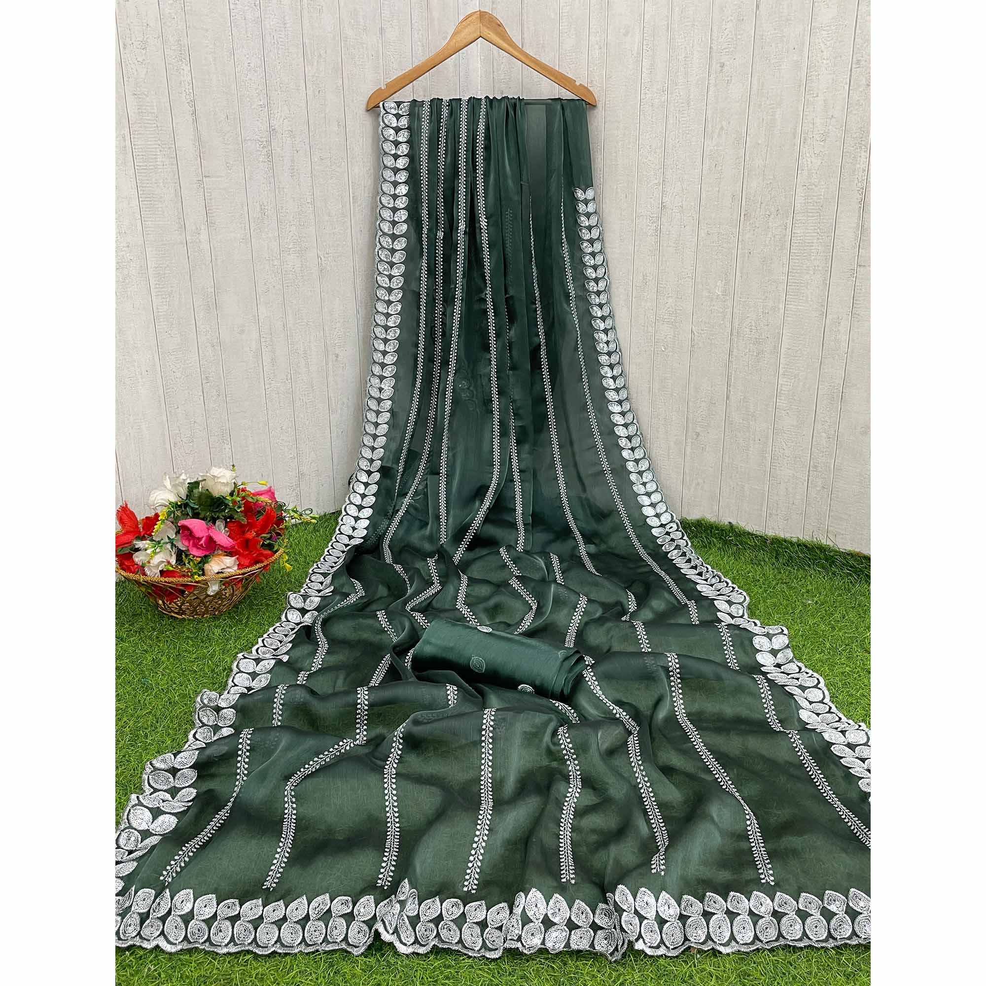 Peachmode Bottle Green Sequins Embroidered Chiffon Silk Saree - view 3
