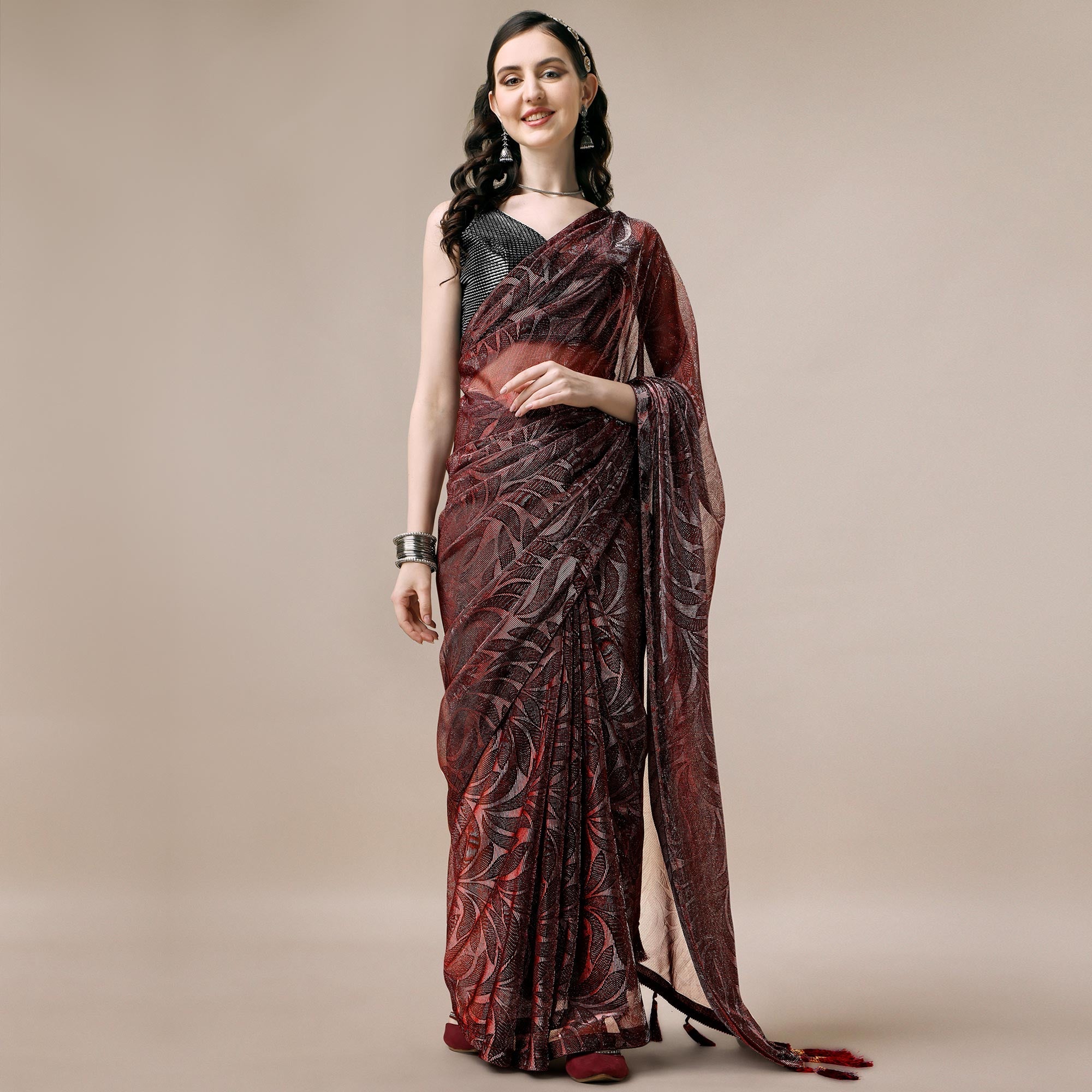 Peachmode Maroon Floral Printed Rayon Saree – Women's - view 2