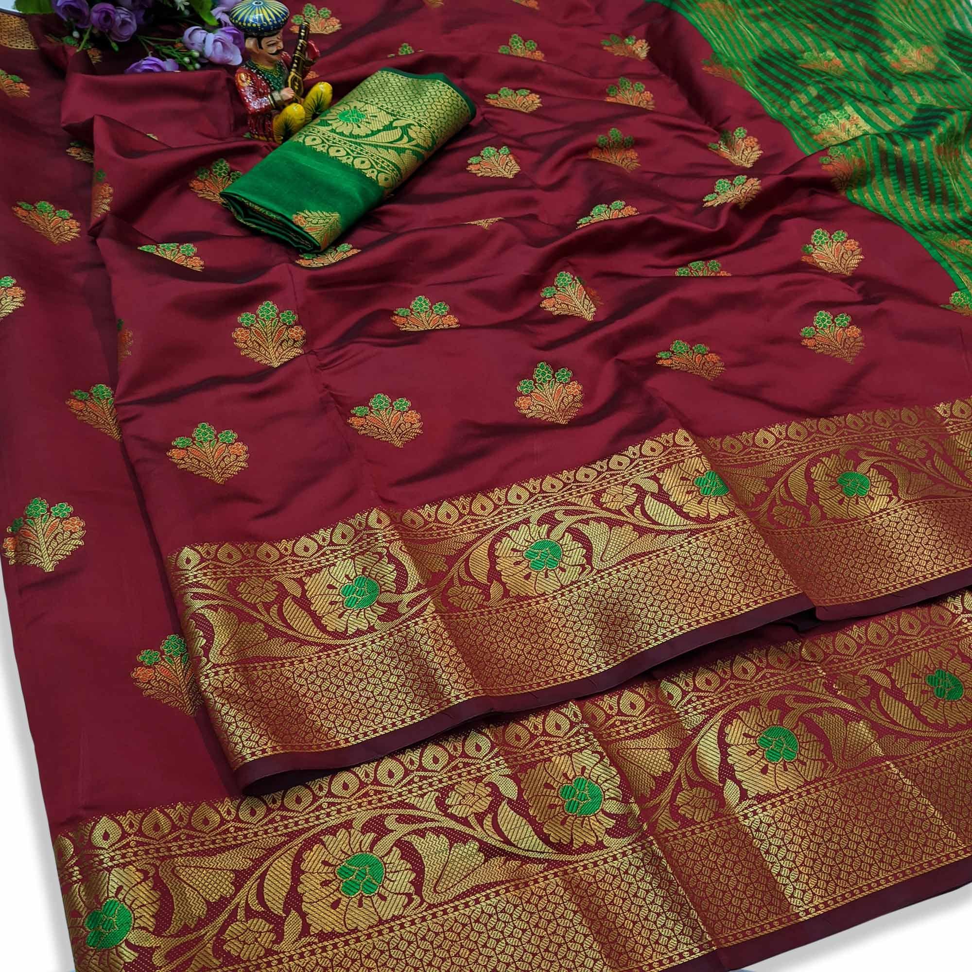 Peachmode Desirable Maroon Colored Festive Wear Woven Lichi Silk Saree