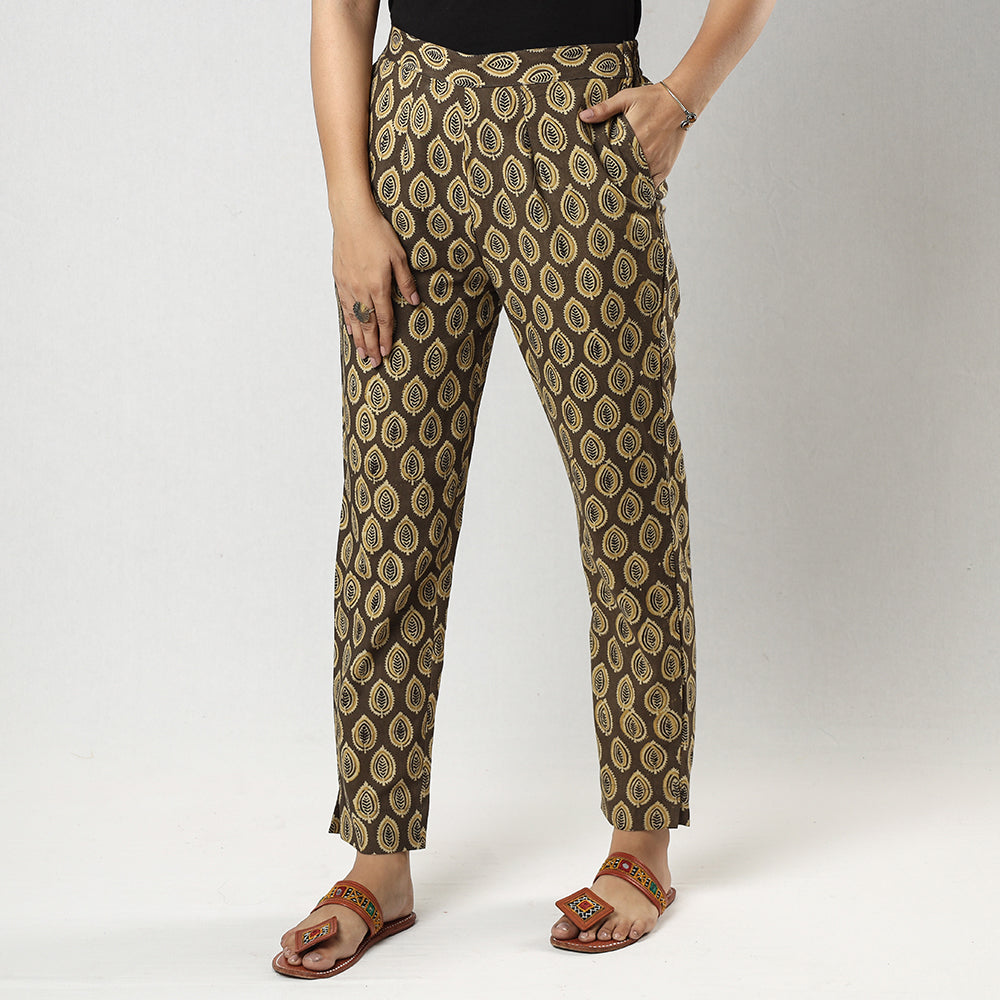 ITOKRI CASUALS Brown - Ajrakh Block Printed Cotton Tapered Casual Pant for Women