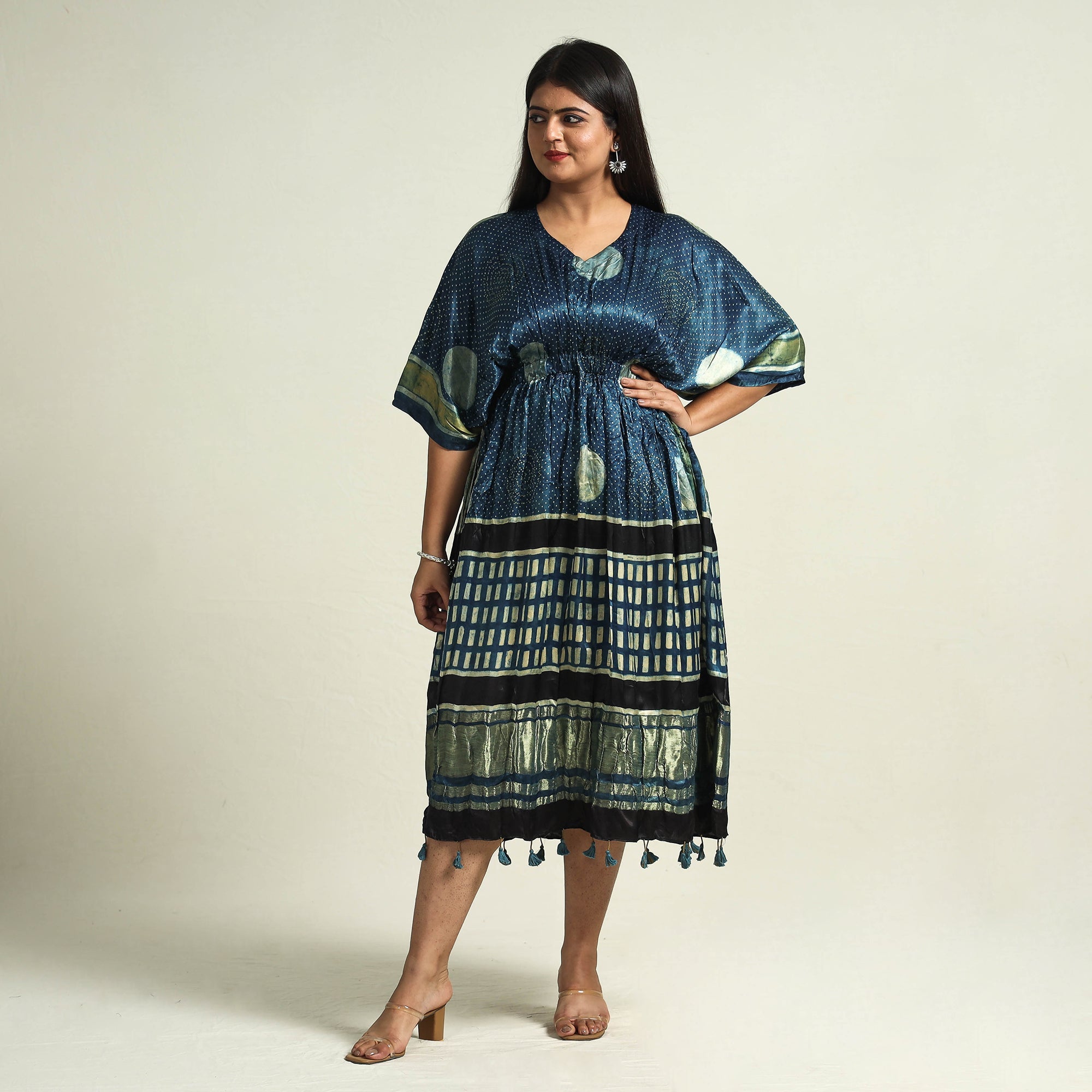 RIYAZ ABDULMAJID KHATRI - AJRAKH Blue - Ajrakh Block Printed Modal Silk Kaftan with Elasticated Waist & Zari Border (Medium) - view 2