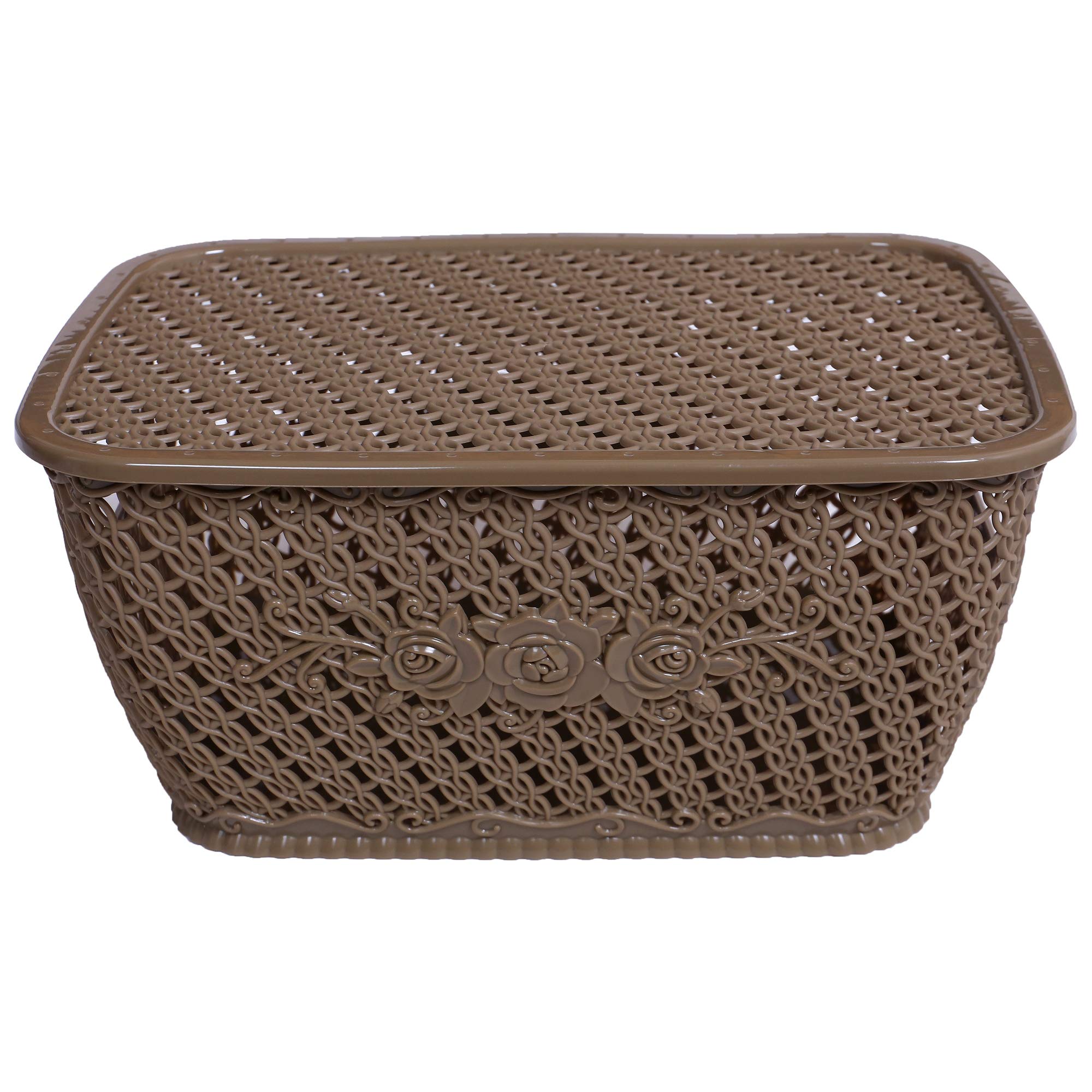 Kuber Industries Plastic 3 Pieces Large Size Multipurpose Solitaire Storage Basket for Kitchen, Office, Bedroom, Bath Room with Lid (Coffee & Grey & C - view 3
