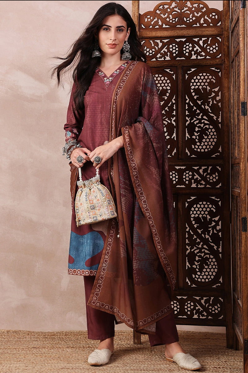 Ahika Brown Rayon Blend Floral Printed Straight Trouser Bottom Suit Set PKSKD2552BRN - view 4