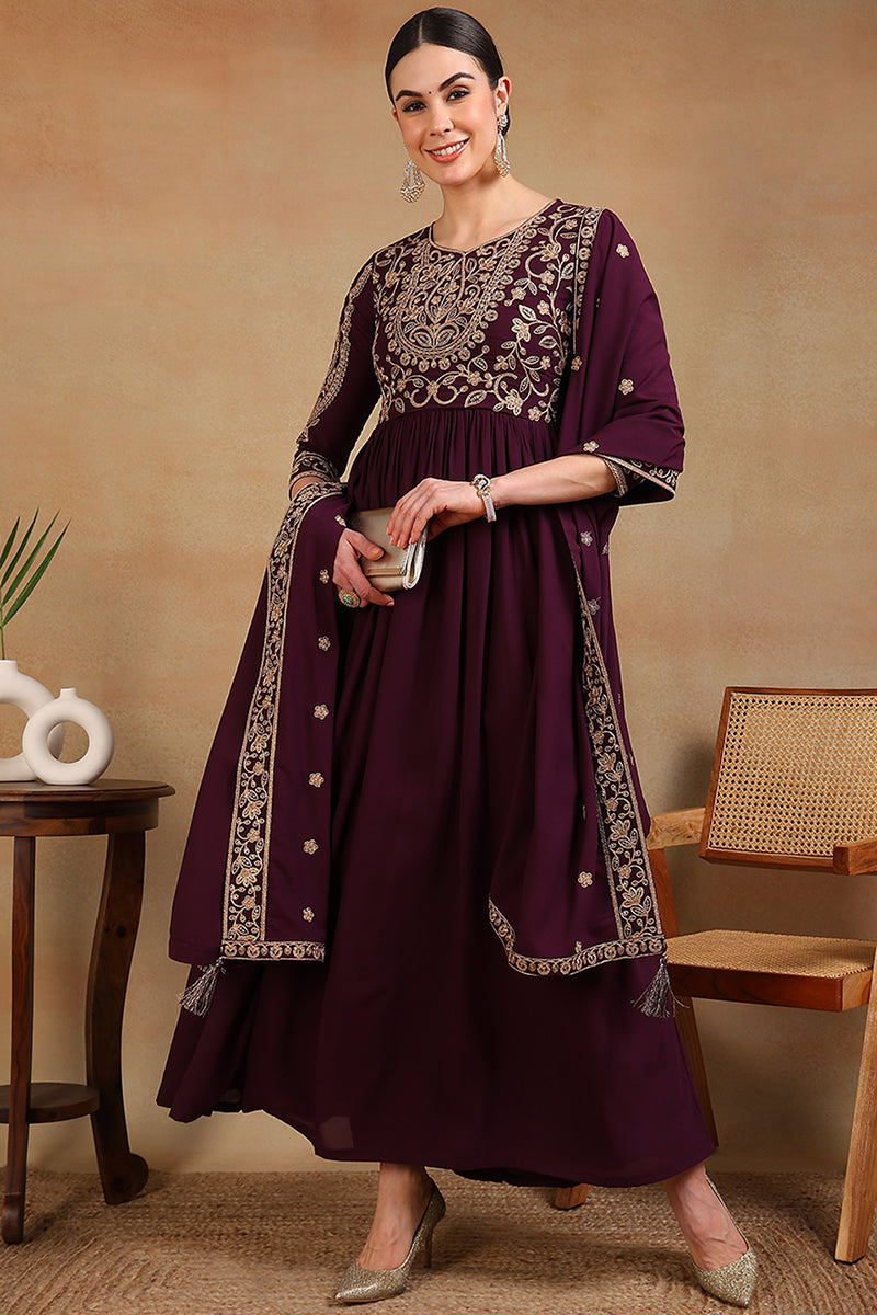 Ahika Maroon Poly Georgette Embroidered Anarkali Kurta Set VKSET1513