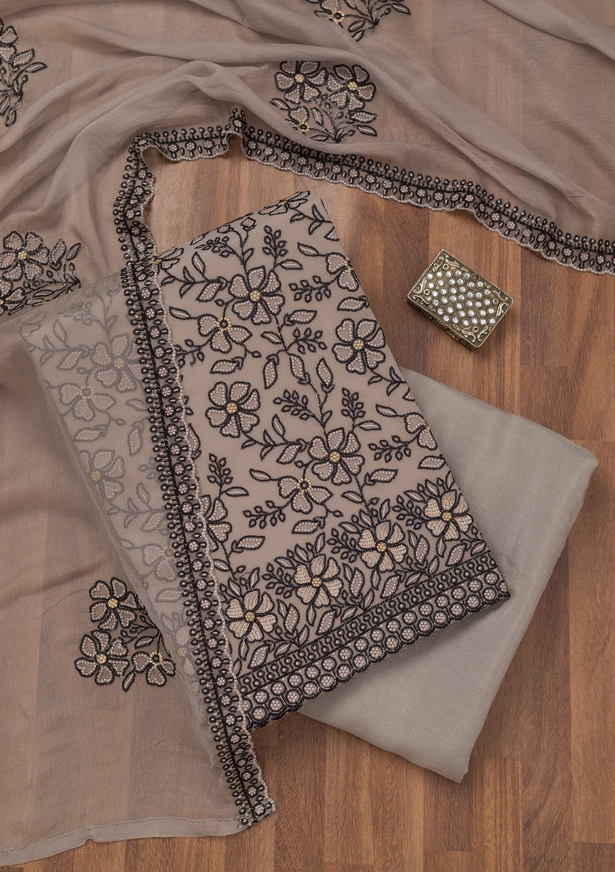 Koskii Grey Threadwork Georgette Unstitched Salwar Suit