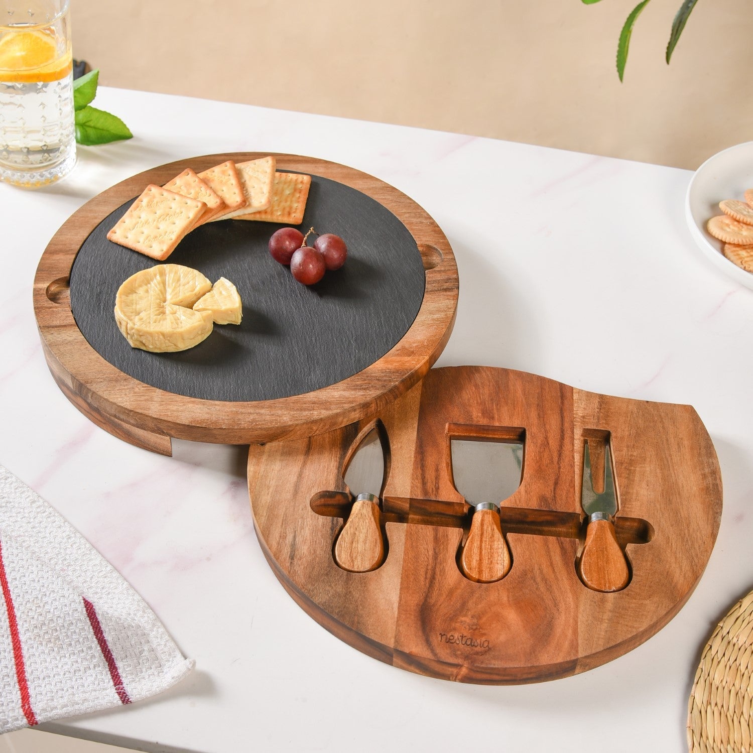 Nestasia Round Wooden Charcuterie Board With Cheese Knives