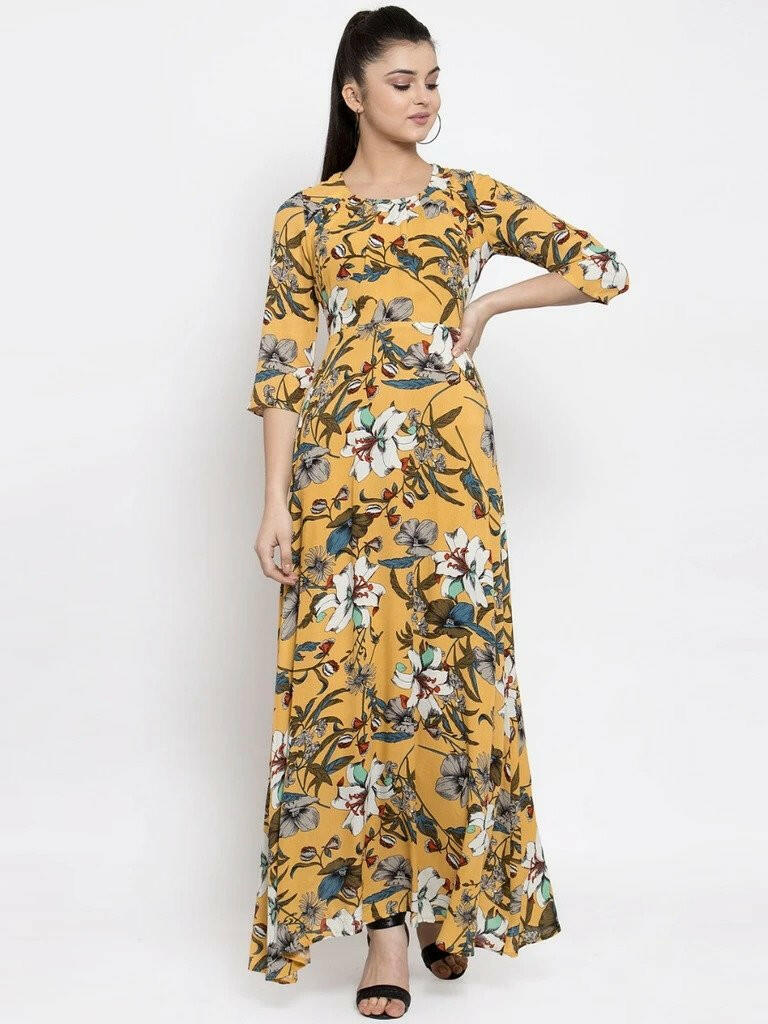 BlackTree Women Printed Yellow Round Neck Dress..
