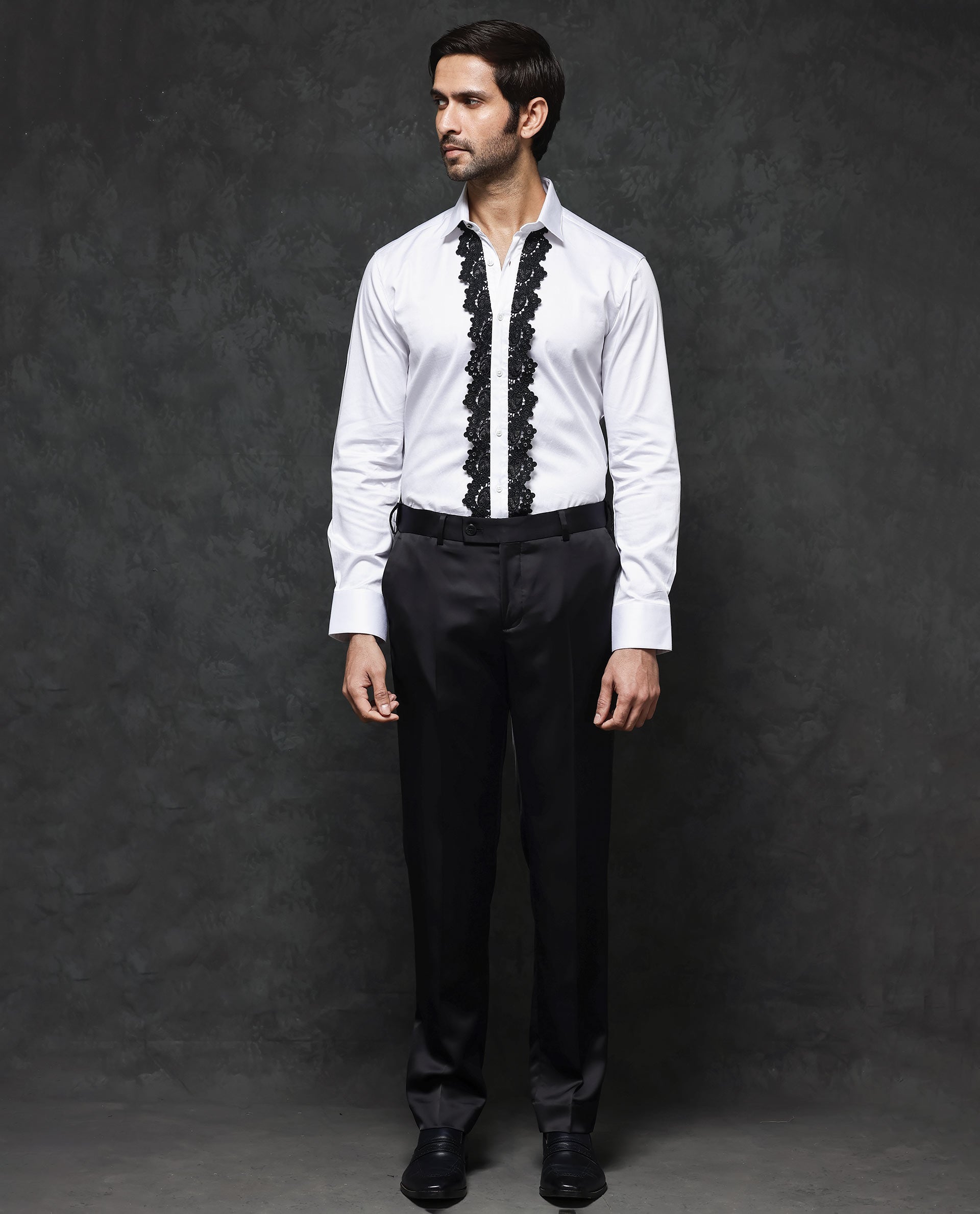 Rare Rabbit Men's Tapeon White Collared Neck Solid Lace Embellished Regular Fit Shirt - view 6