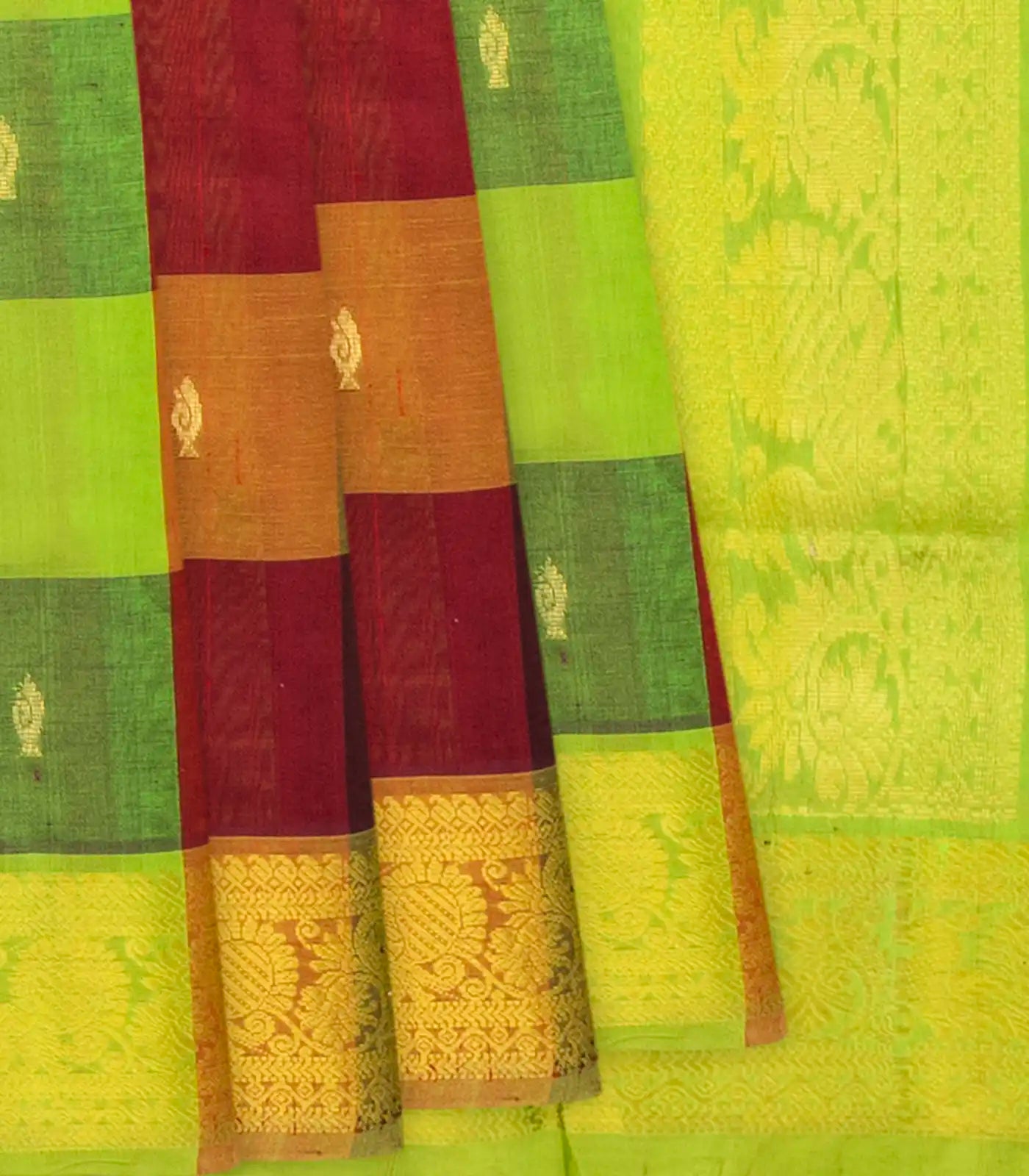 RmKV Green Handloom Silk Cotton Saree With Checks & Buttas-Green