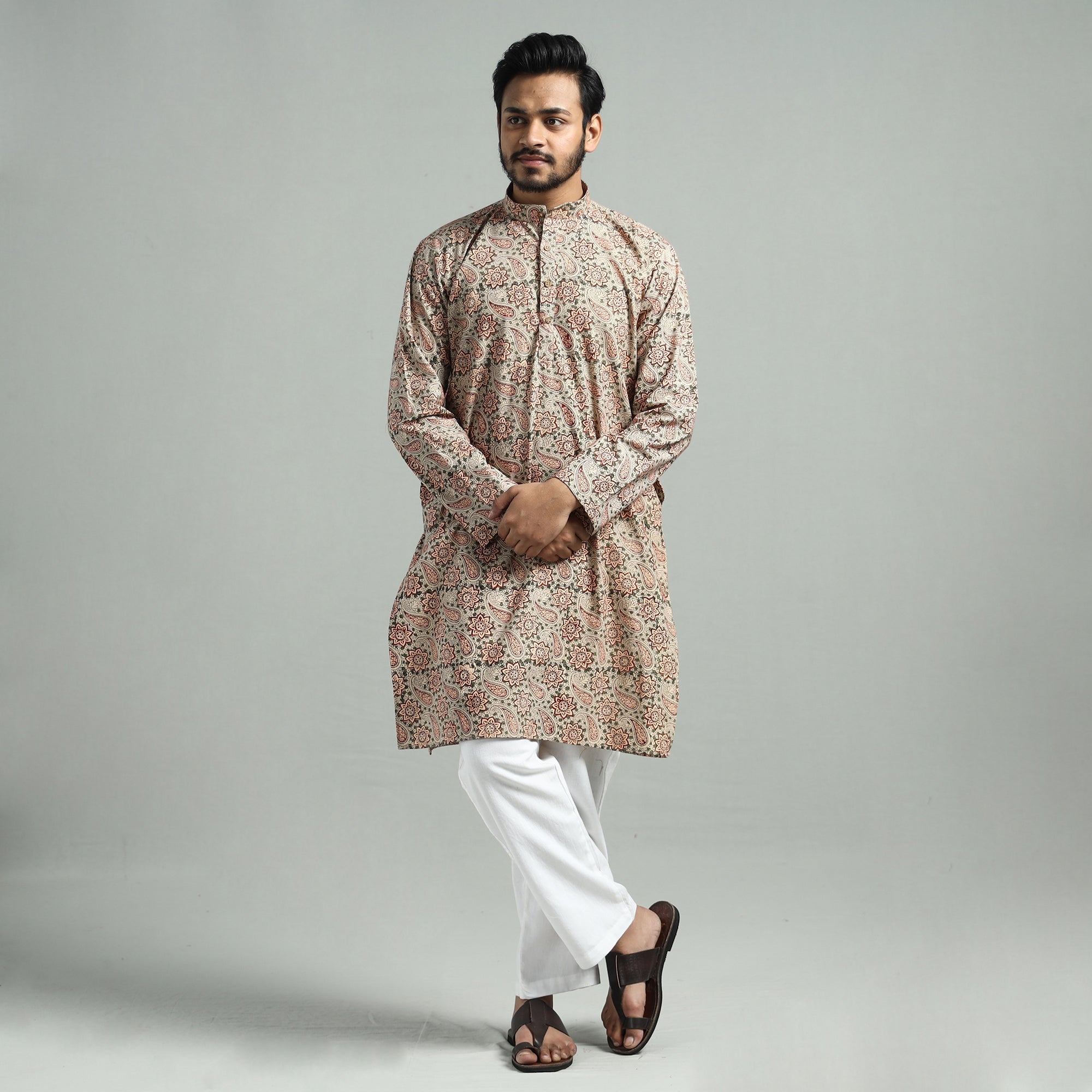 ITOKRI CASUALS Beige - Kalamkari Block Printed Cotton Men Long Kurta - view 2