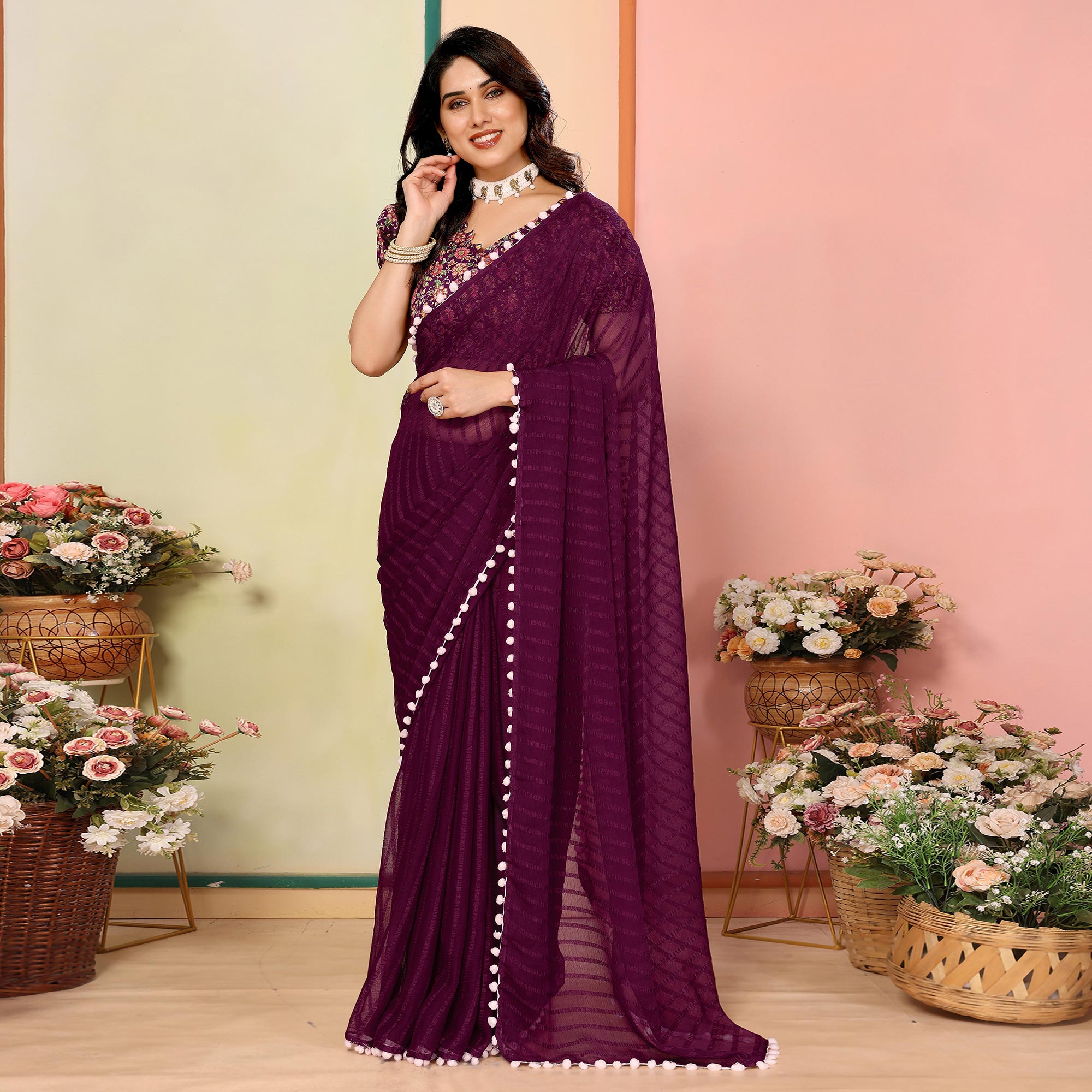 Peachmode Purple Woven Striped Pattern Georgette Saree - view 2