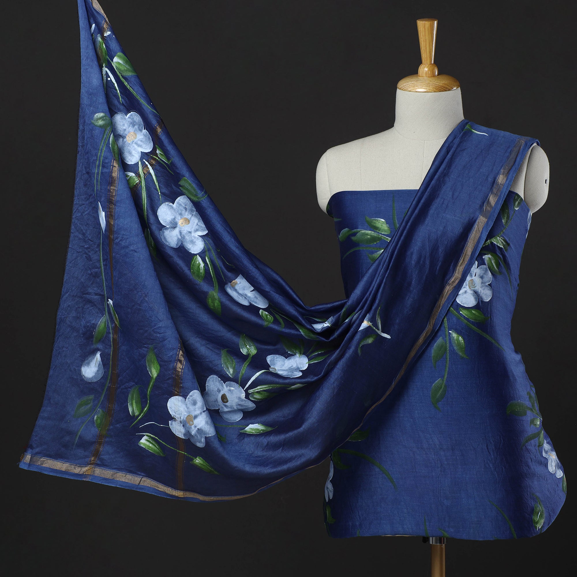 KUSUMLATA Blue - 3pc Hand Painted Chanderi Silk Suit Material Set 02