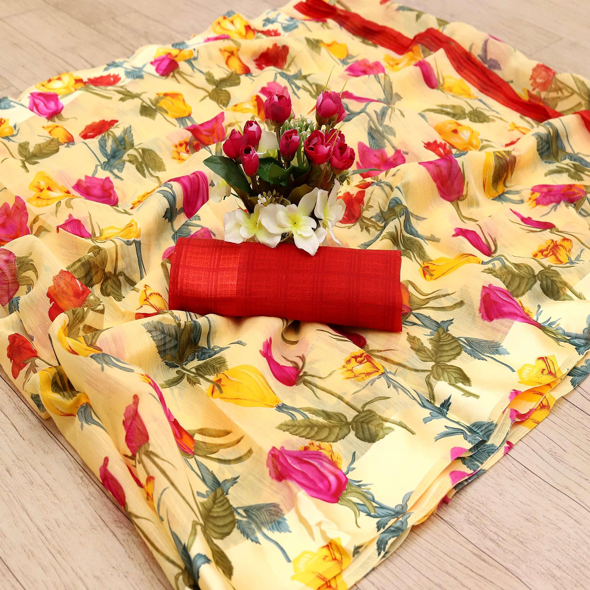 Peachmode Majesty Yellow Colored Casual Wear Floral Printed Cotton Blend Saree