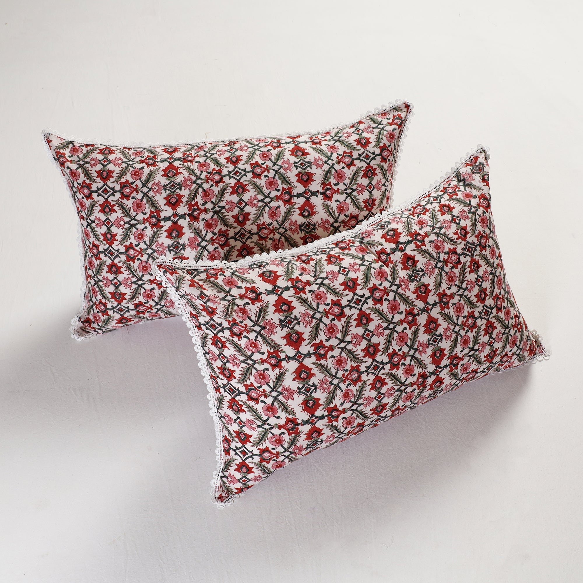 HAVELI CHRONICLES Sanganeri Block Printed Cotton Pillow Cover with Lace (26 x 16 in) - Set of 2