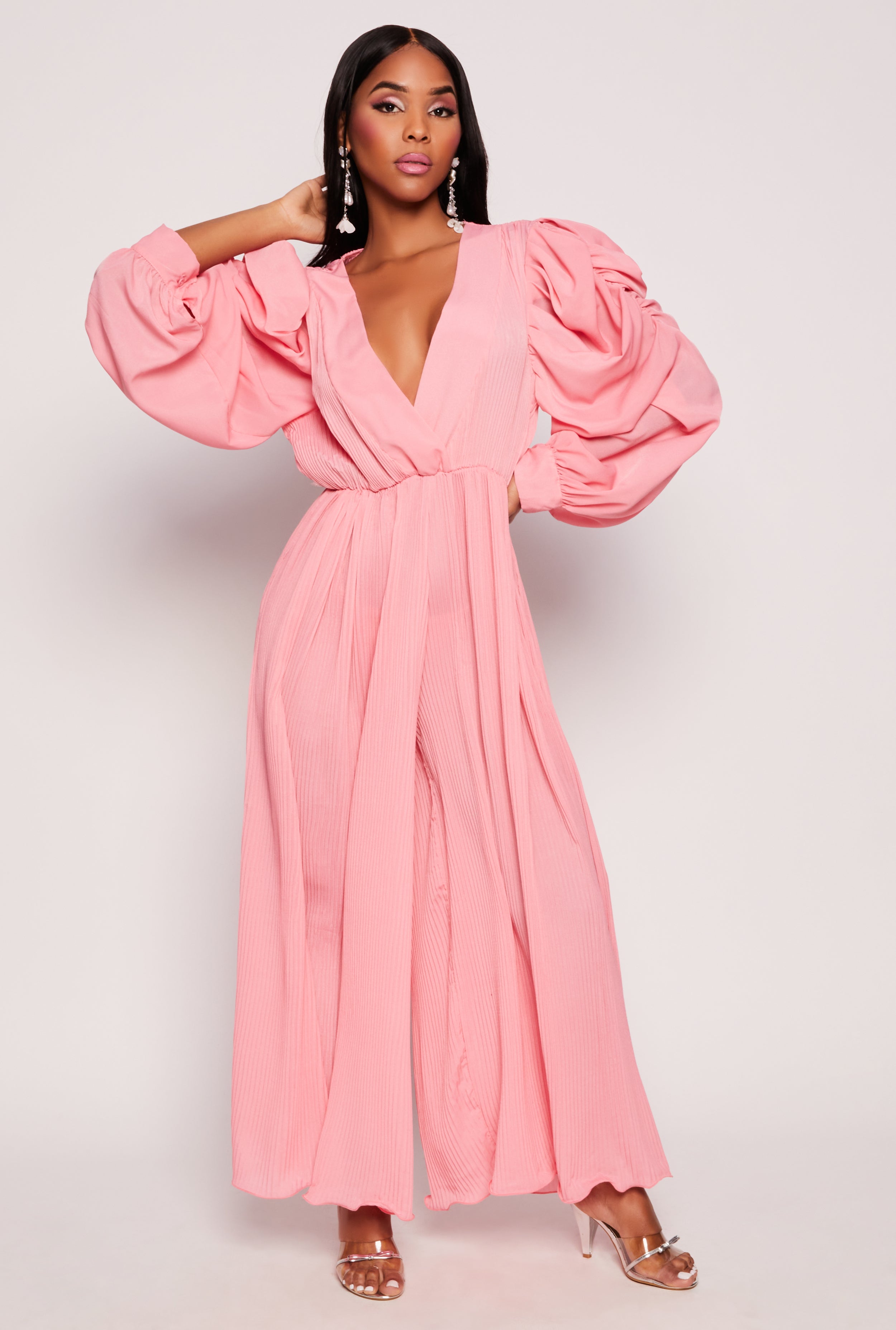 Rainbow Shops Plisse Puff Sleeve Wide Leg Jumpsuit